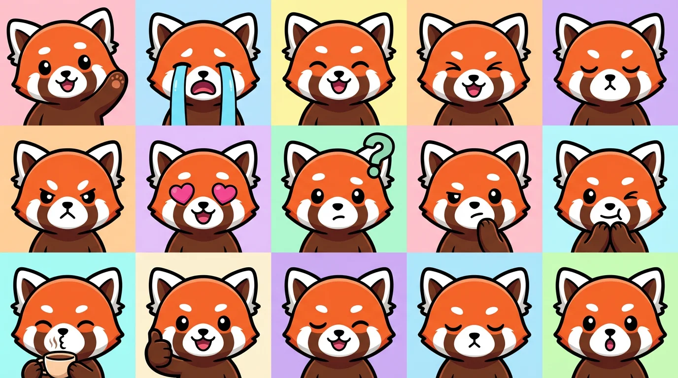 A nine-square grid showcasing cartoon-style red panda emotes with various expressions, including happy, sad, angry, and in love, each on a different colored background.