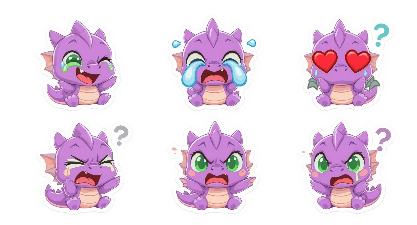 A collection of six custom-designed cartoon emotes featuring a cute purple dragon expressing various emotions, including laughter, crying, love, and anger, arranged in a grid on a white background.