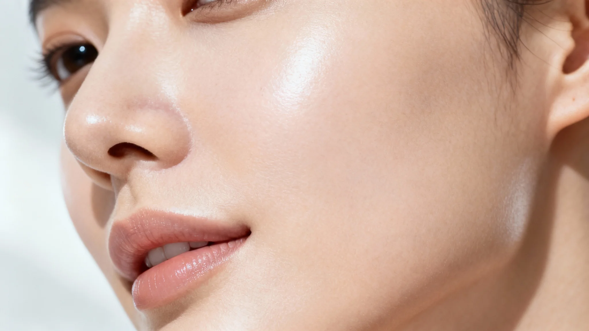 A high-quality close-up photograph of a person's face showing perfectly smooth and clear skin, representing the final result after using a scar removal tool.