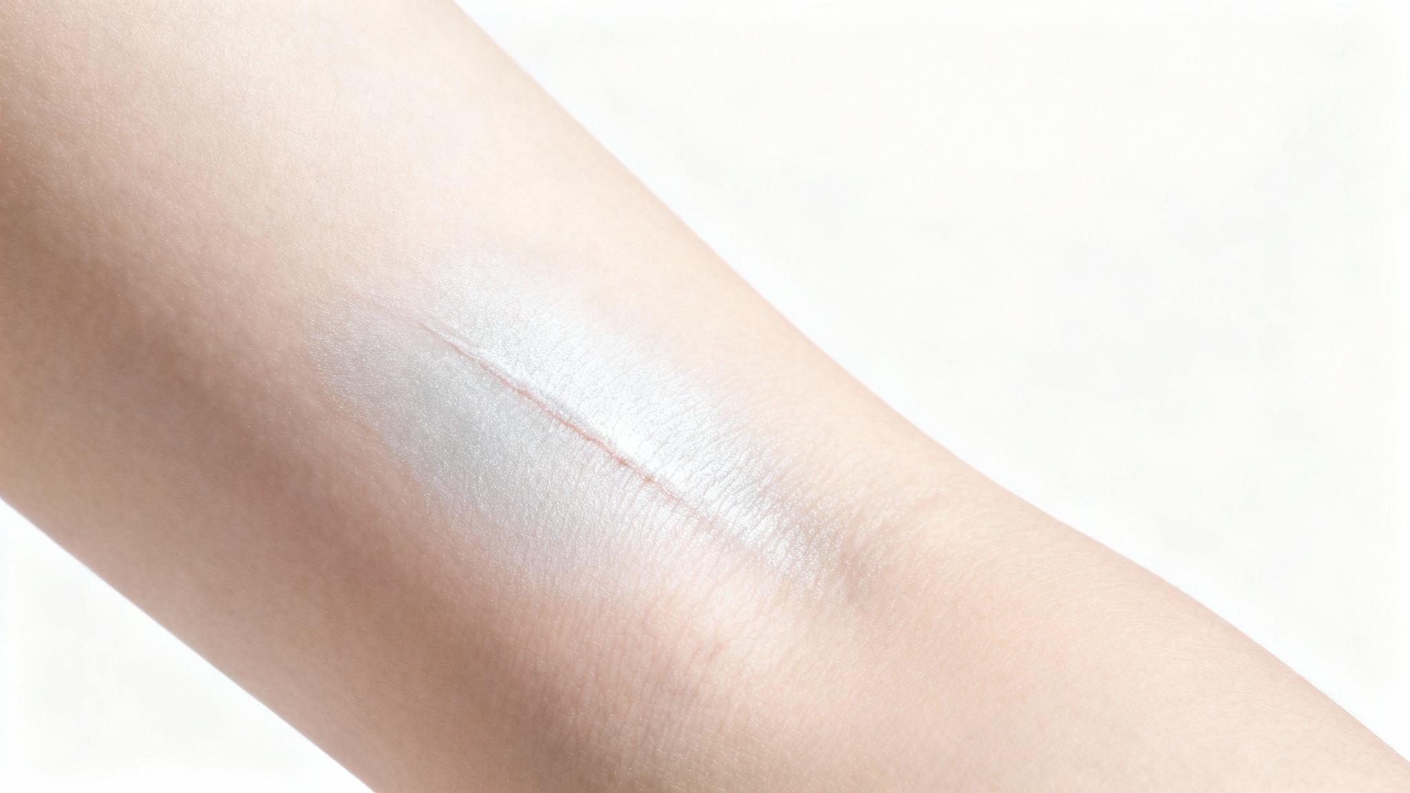 A high-detail, close-up photograph of a faded scar on human skin, symbolizing healing and recovery, set against a clean white background.