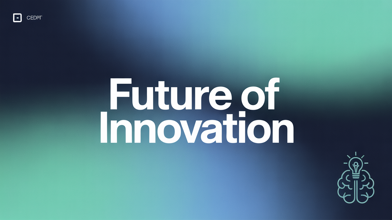 A modern presentation cover slide titled 'Future of Innovation'. The design features a blue-to-teal gradient background, clean white text, and a minimalist icon of a brain and lightbulb in the corner, representing a polished design.