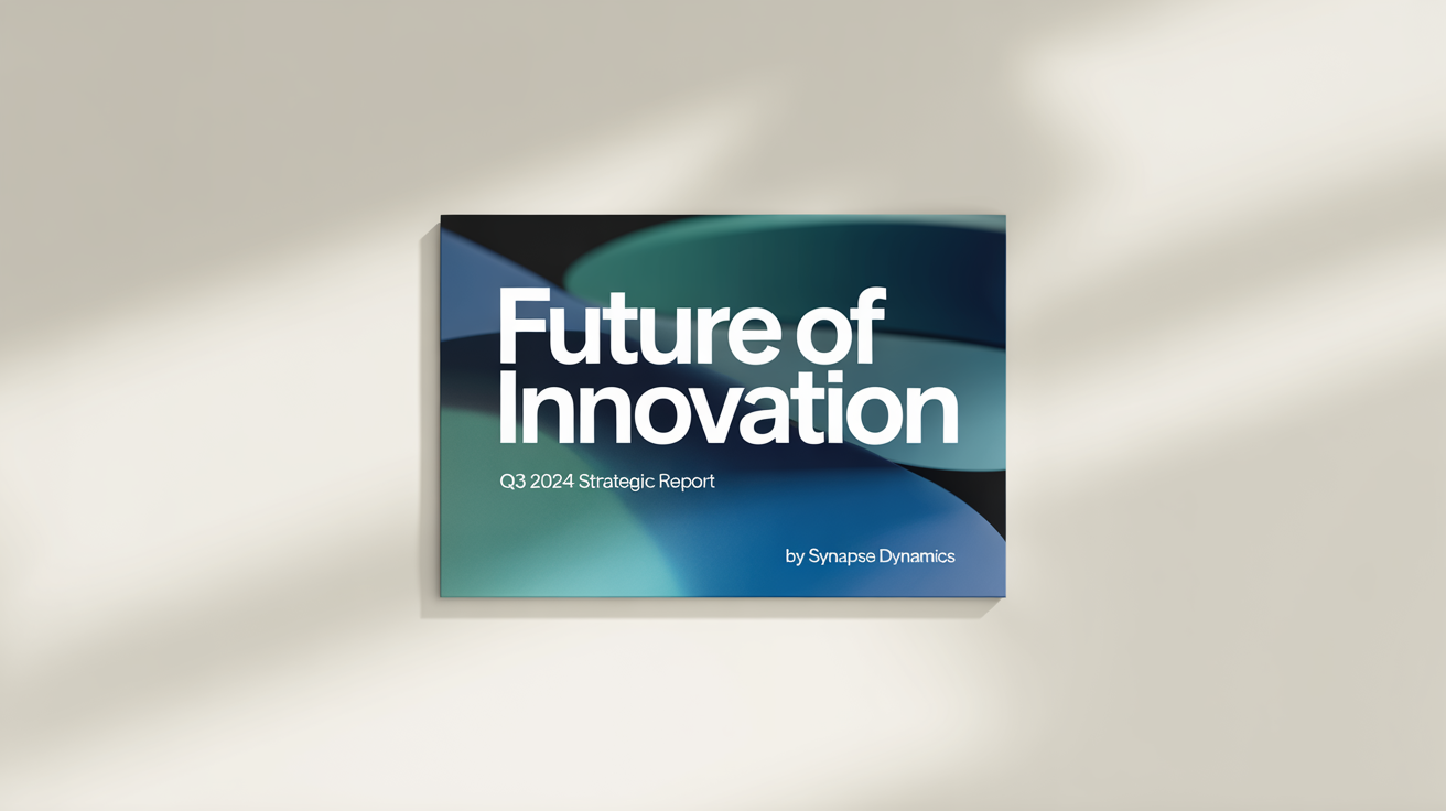 A sleek presentation cover slide mockup with a blue and teal geometric design, titled 'Future of Innovation' and 'Q3 2024 Strategic Report'.