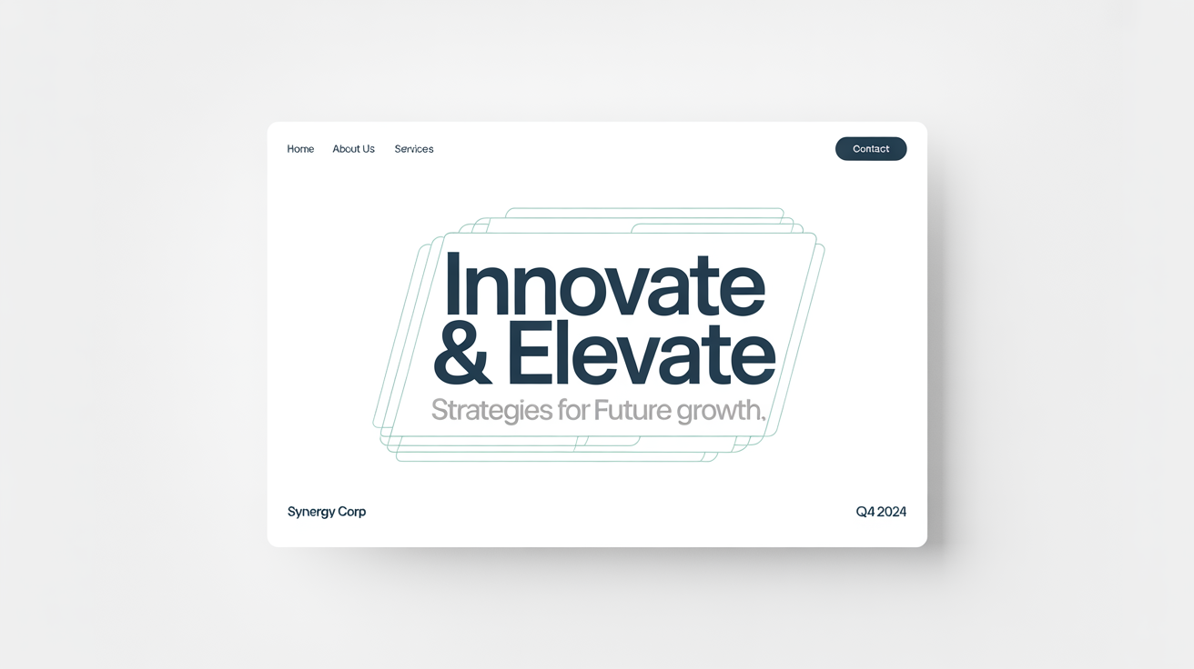 A mockup of a professional presentation cover slide titled 'Innovate & Elevate: Strategies for Future Growth' for the fictional company 'Synergy Corp'. The design is modern and minimalist with a blue and teal color scheme.
