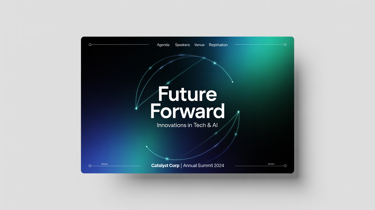 A mockup of a professional presentation cover slide for a tech summit titled 'Future Forward', featuring a blue and teal gradient and abstract network graphics, set against a plain white background.