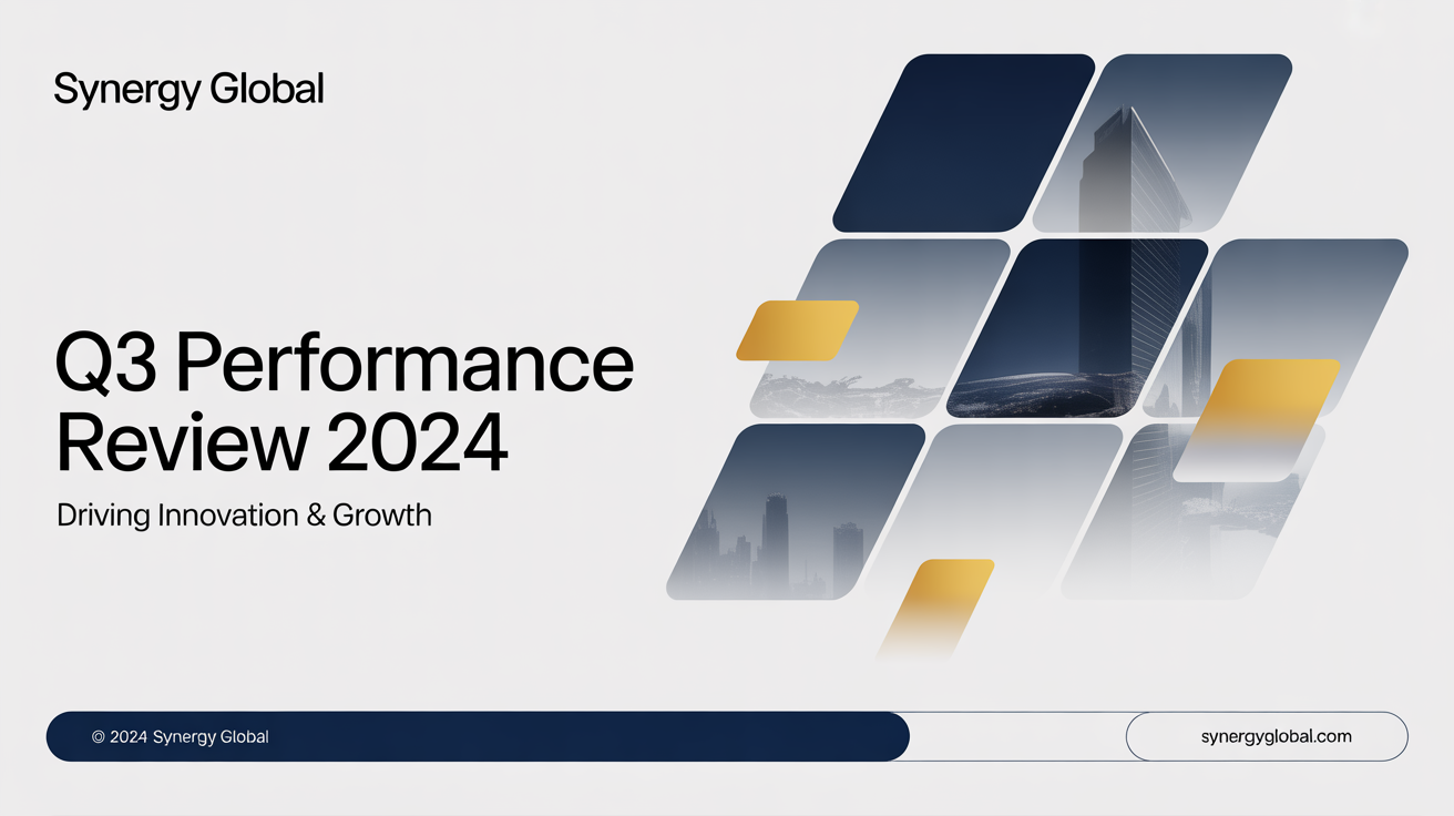 A professional and modern presentation cover slide mockup for a company called 'Synergy Global', with the title 'Q3 Performance Review 2024' on a white background.
