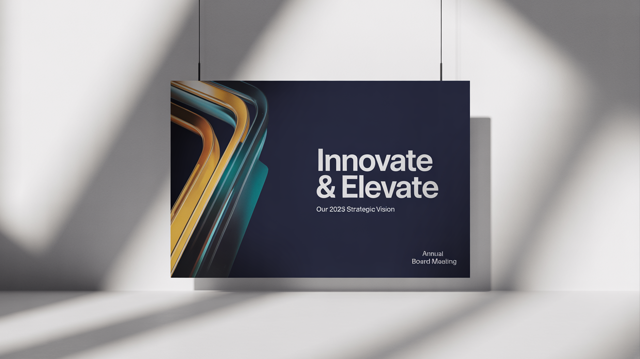 A mockup of a professional presentation cover slide titled 'Innovate & Elevate: Our 2025 Strategic Vision', set against a dark blue background with abstract gold and teal geometric lines.