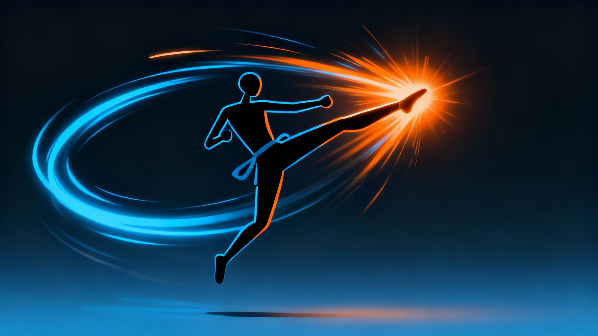 A dynamic digital animation frame showing a stick figure in mid-air performing a powerful kick, with glowing energy trails indicating fast motion.