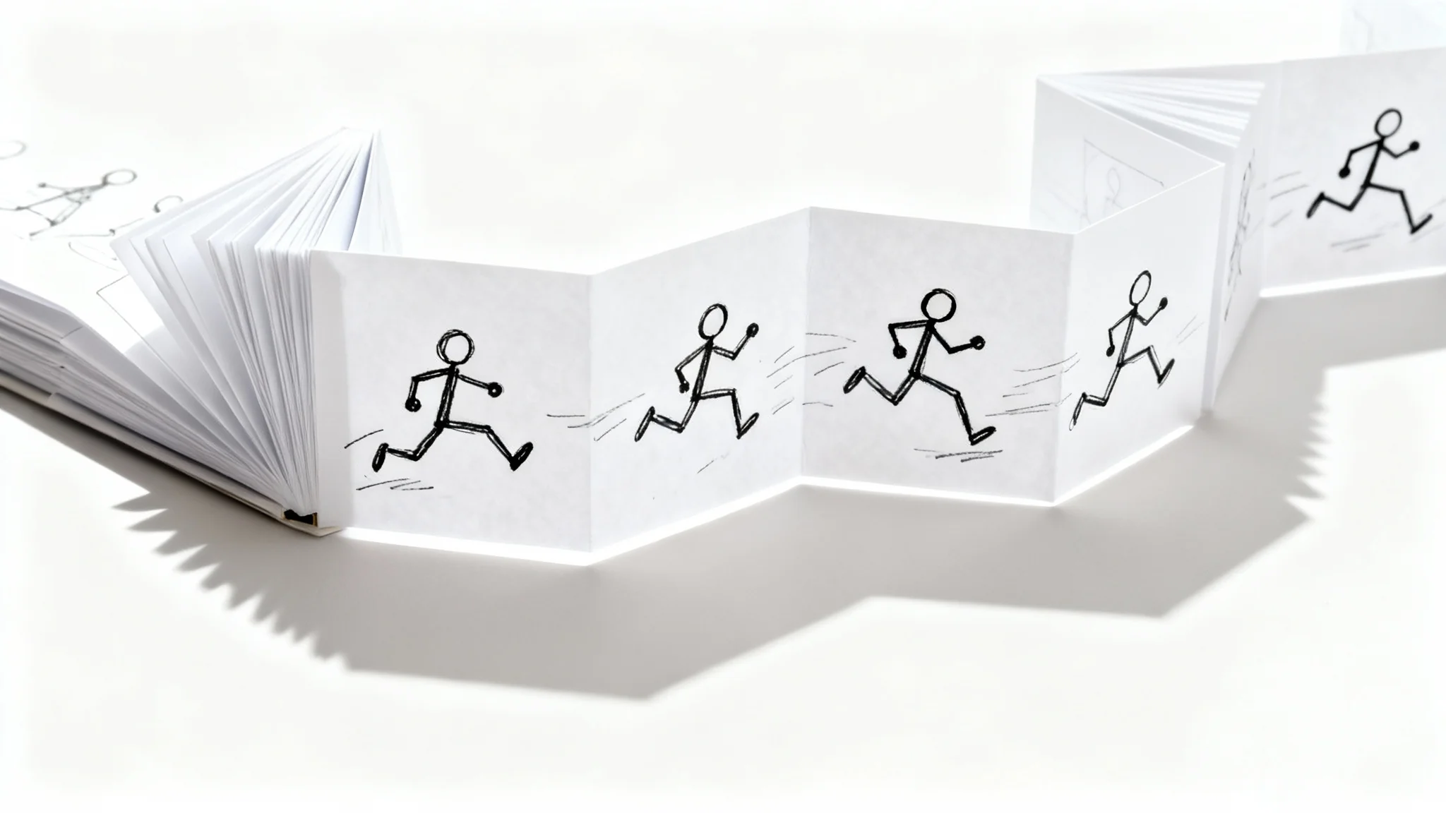 A minimalist studio photograph of a flipbook illustrating a stick figure animation, with its pages fanned out against a clean white background to show the figure in motion.