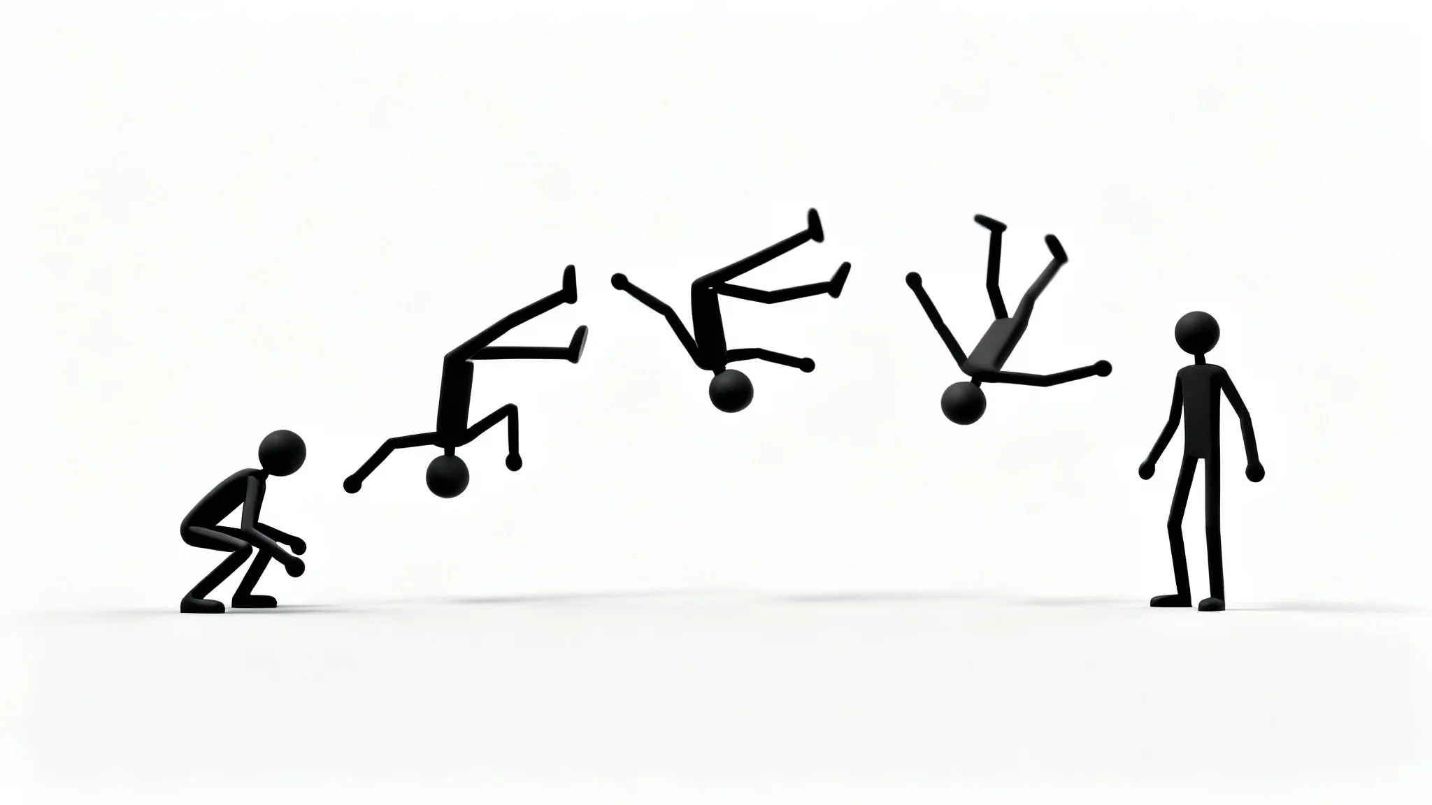 An animation sequence of a stick figure doing a backflip, shown as five distinct poses in an arc against a clean white background.