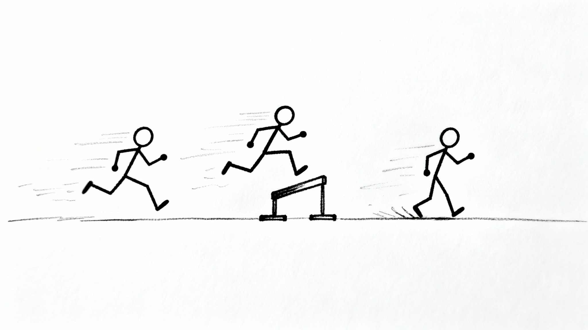 A sequence of simple hand-drawn stick figures on a white background, illustrating the animation of a character running and jumping.
