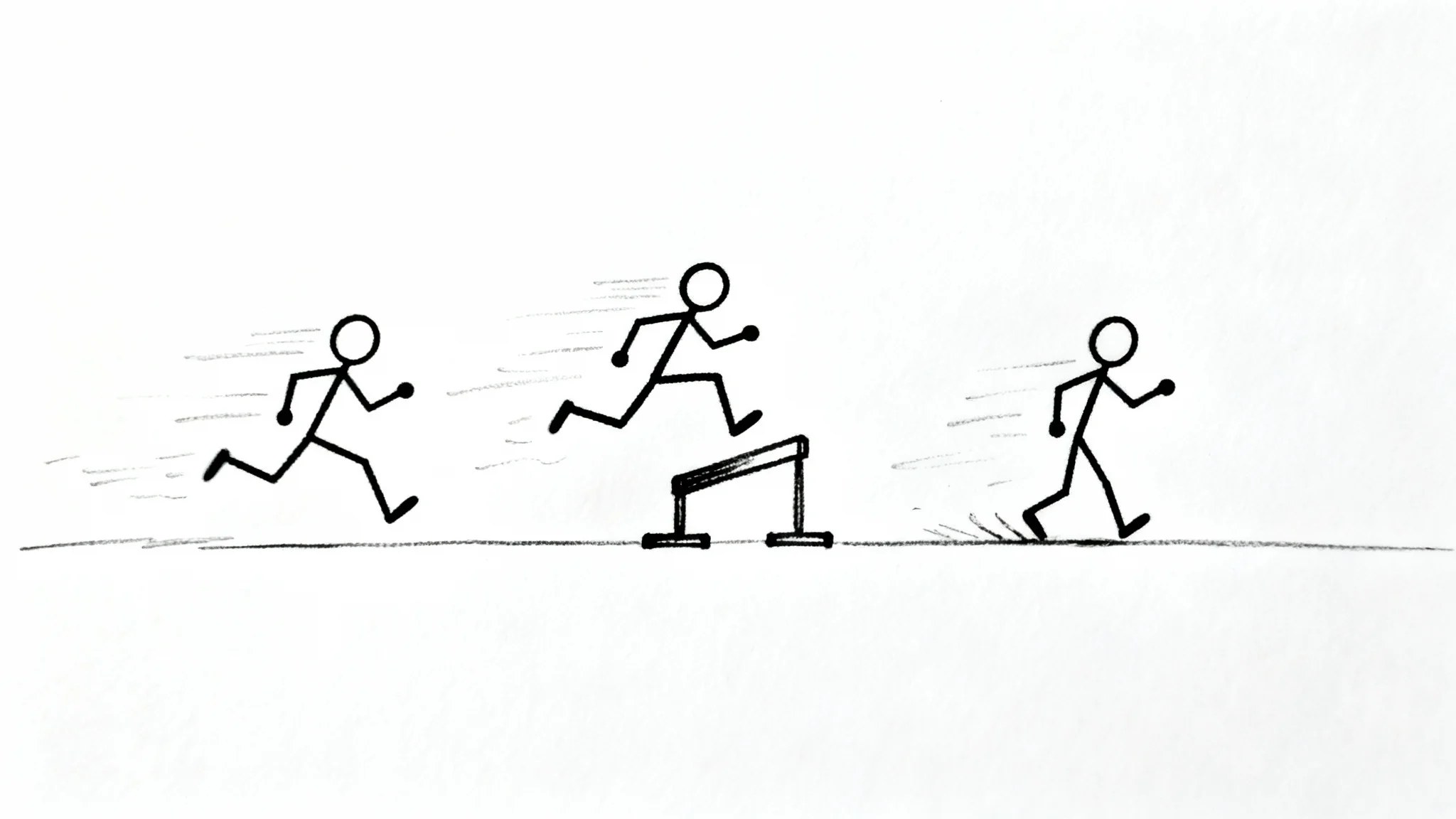 A sequence of simple hand-drawn stick figures on a white background, illustrating the animation of a character running and jumping.