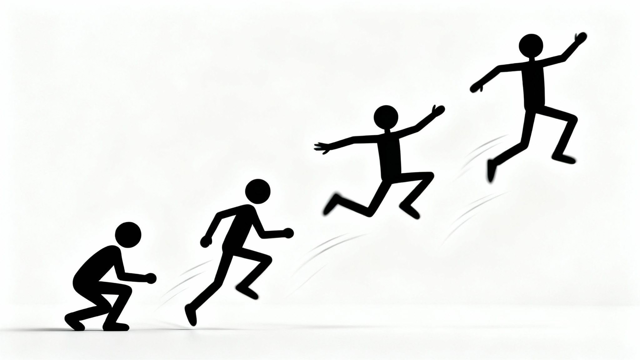 A sequence of four black stick figures against a white background, illustrating the key frames of a jumping animation, from crouching to landing.