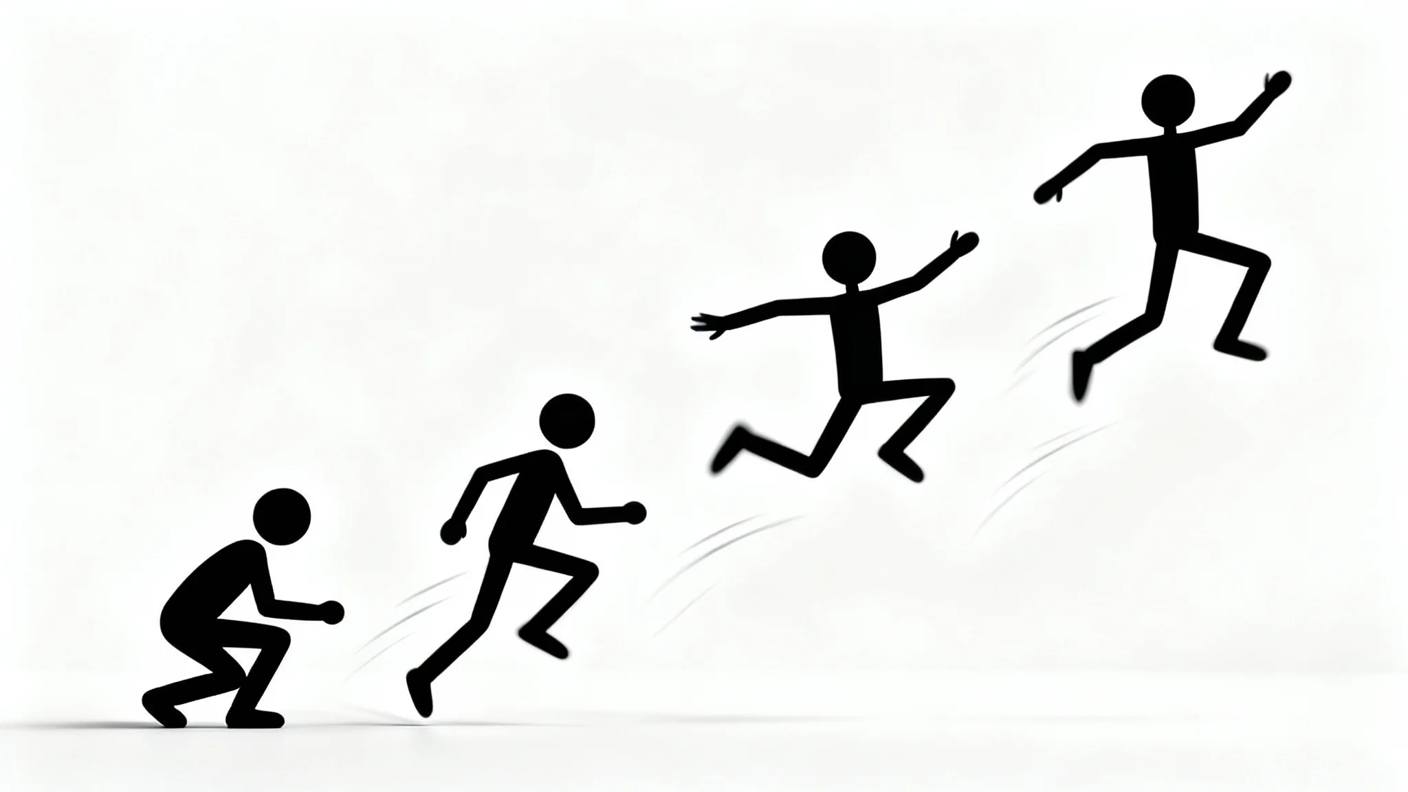 A sequence of four black stick figures against a white background, illustrating the key frames of a jumping animation, from crouching to landing.