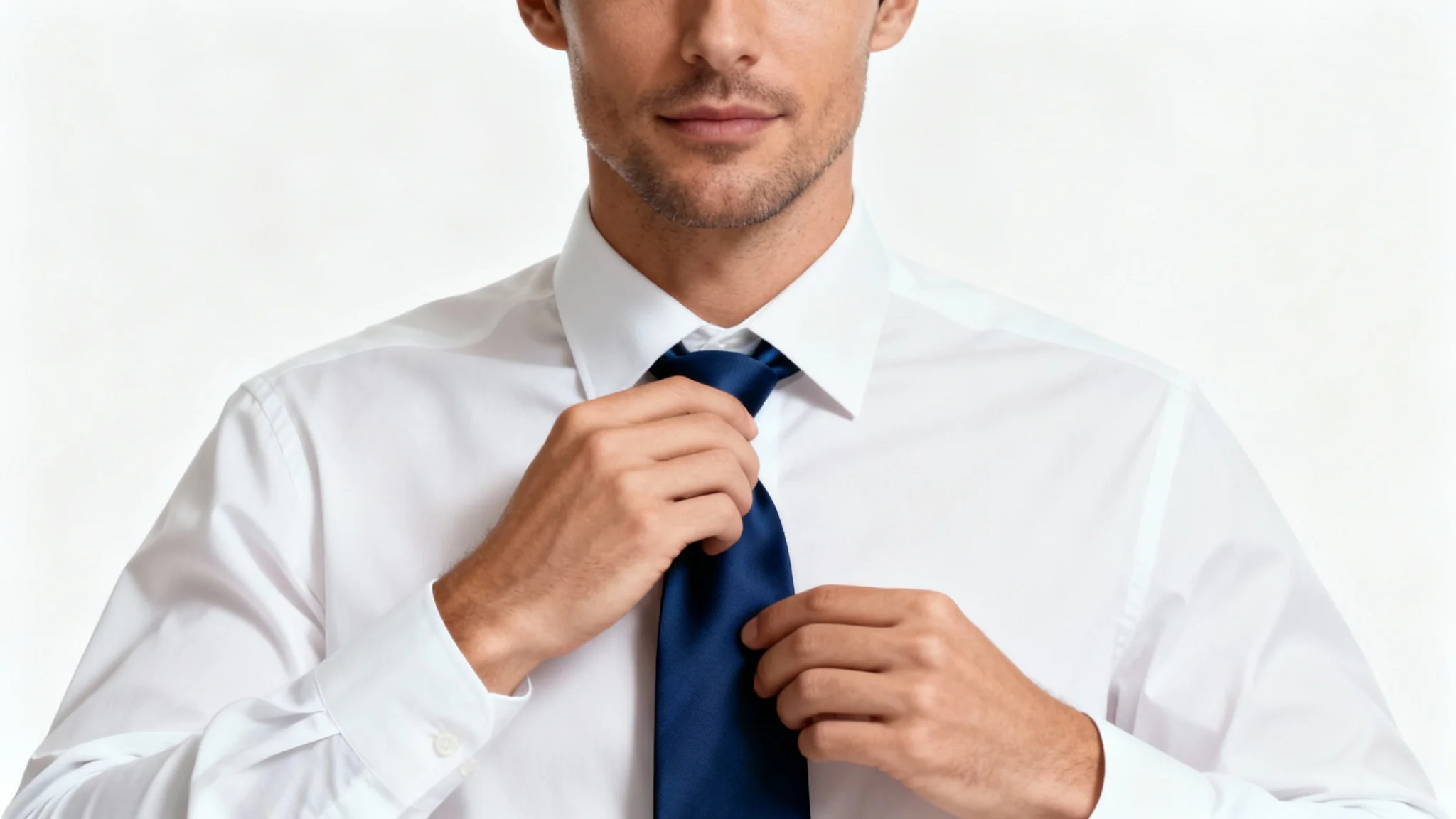 A professional man in a white dress shirt smiles confidently as he adjusts his perfectly knotted navy blue tie against a clean white background.