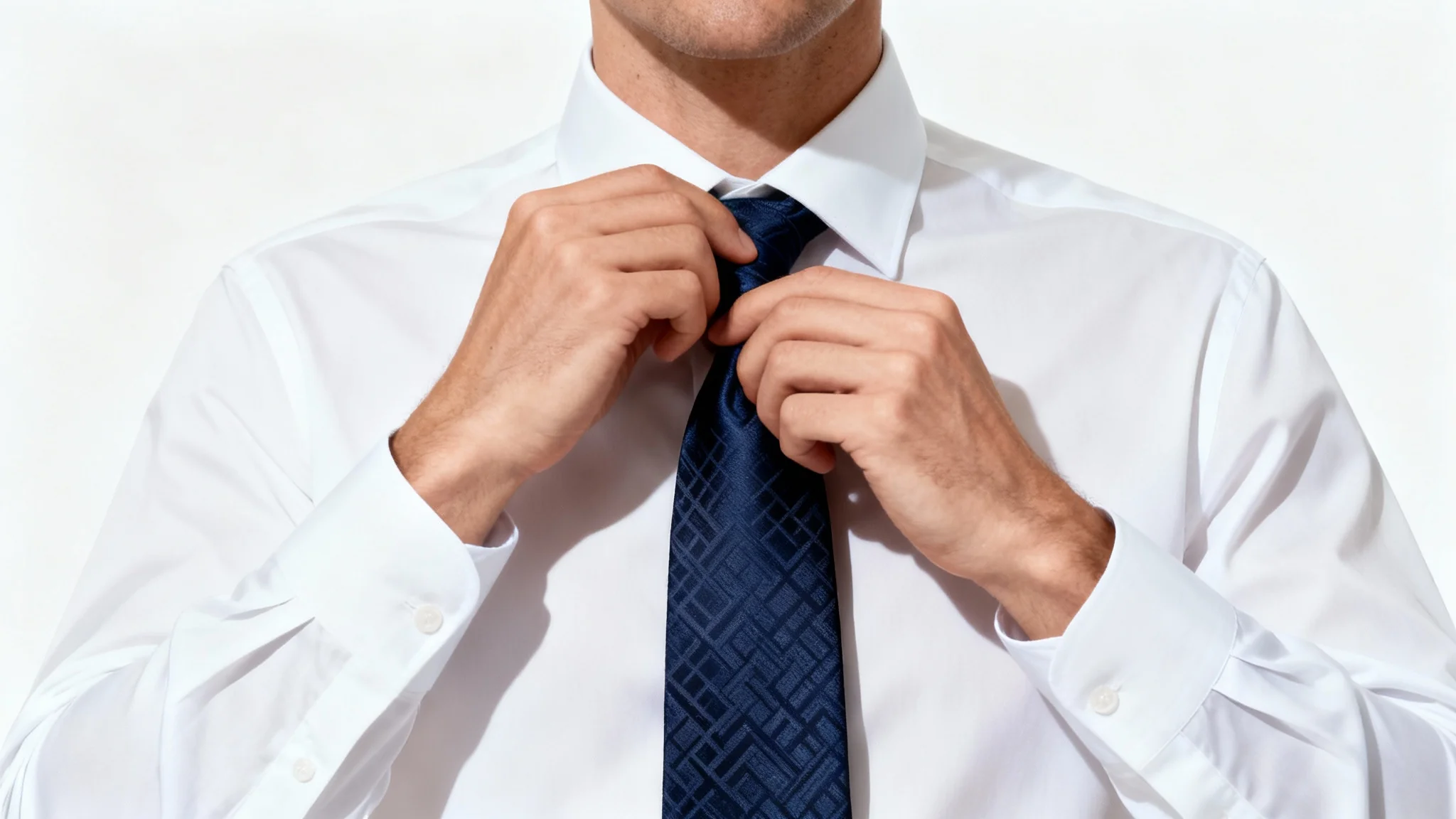 A close-up studio shot of a man in a crisp white dress shirt adjusting a stylish navy blue silk tie against a plain white background, conveying professionalism.
