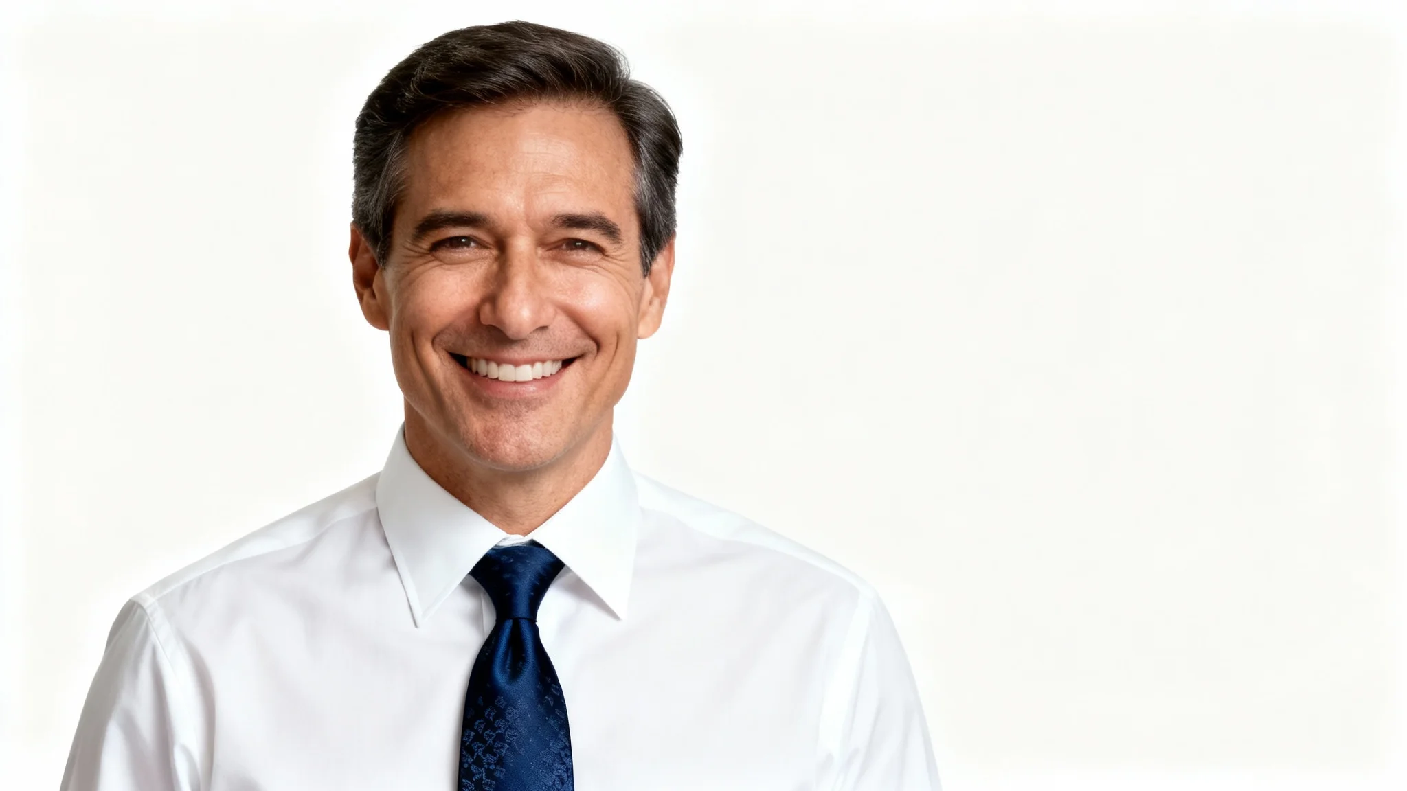 A professional headshot of a smiling man wearing a crisp white shirt and a perfectly knotted navy blue tie against a plain white background.