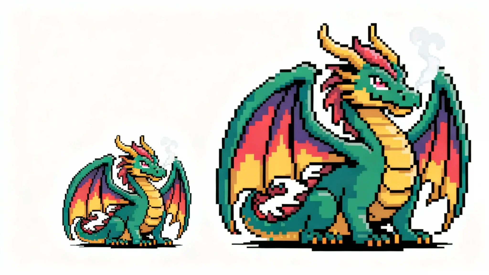 A comparison image showing the result of resizing pixel art. On the left is a small, low-resolution pixel art dragon. On the right is the same dragon, but much larger, crisp, and high-resolution, retaining its pixelated style without any blur.
