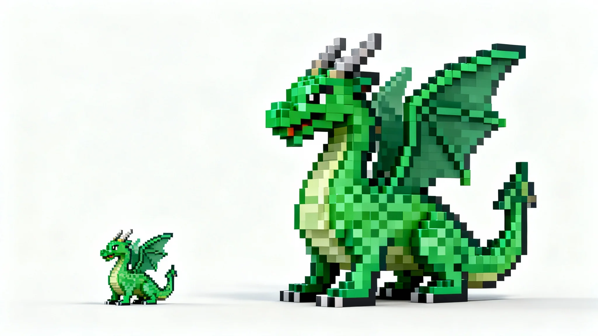 A small pixel art dragon on the left, and a much larger, perfectly resized version of the same dragon on the right, demonstrating pixel art resizing on a white background.