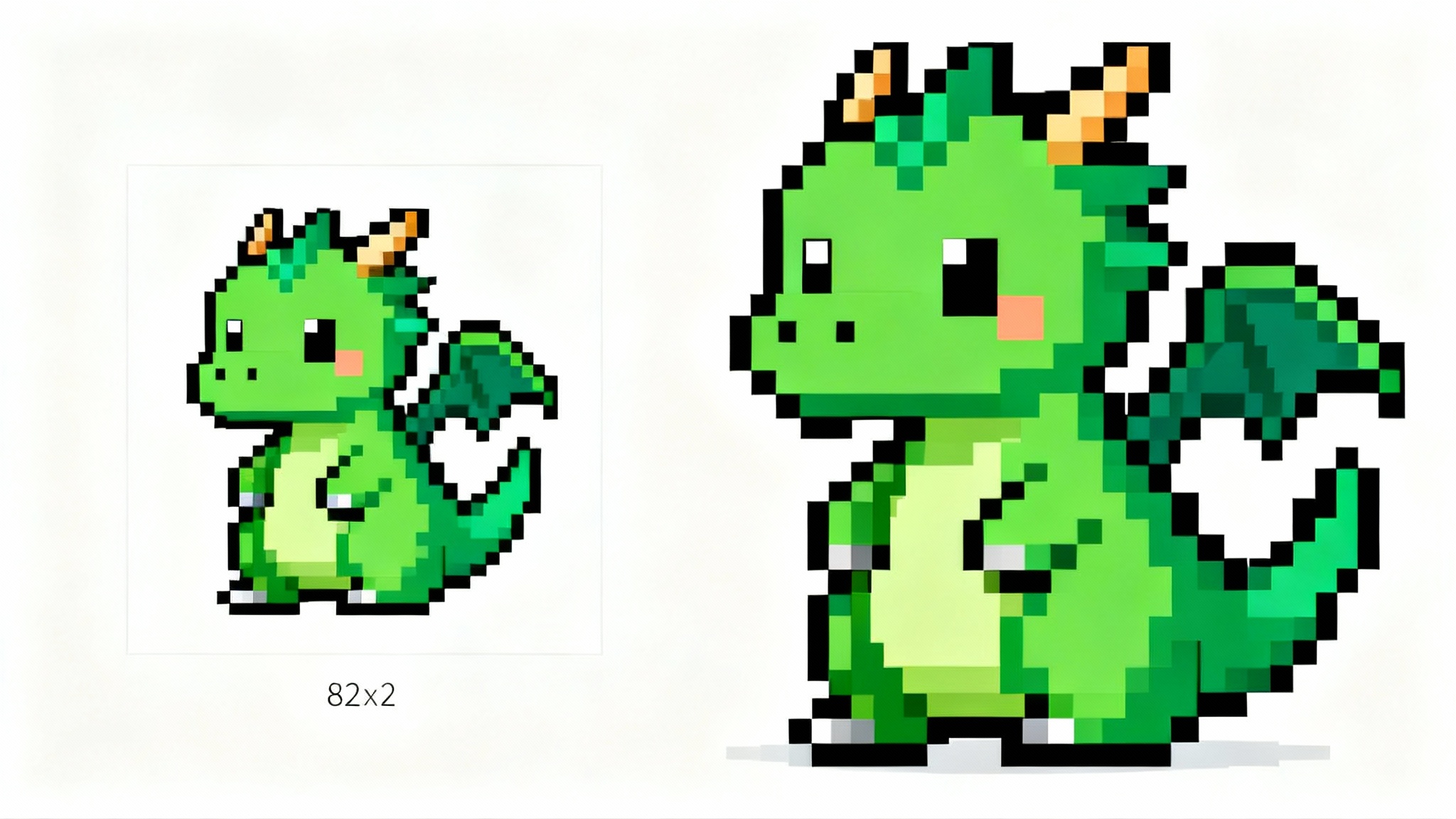 A visual comparison showing a small 8-bit pixel art green dragon on the left and a much larger, perfectly scaled-up version on the right, demonstrating pixel art resizing.