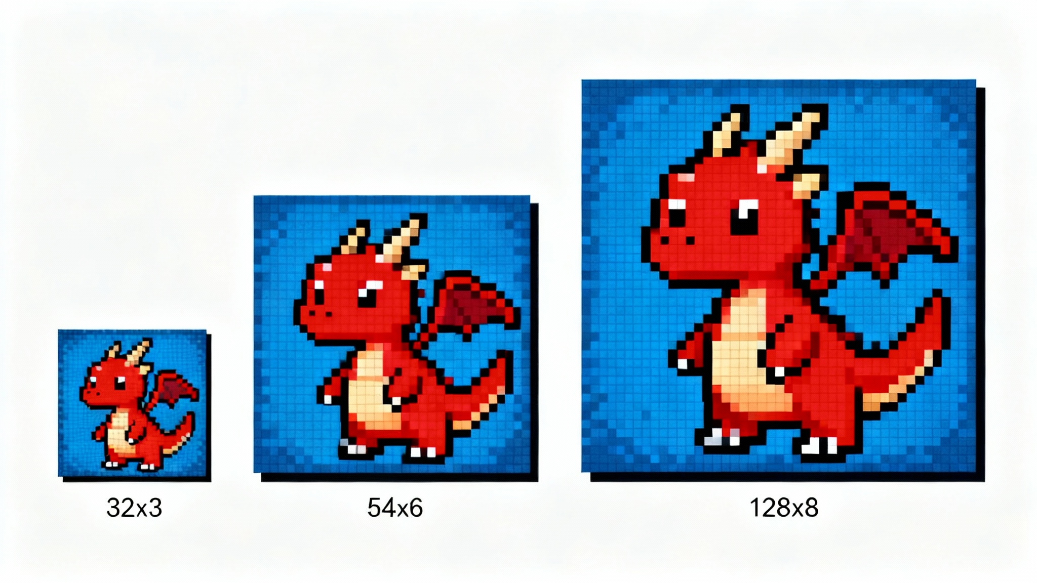 An illustration demonstrating pixel art resizing, showing a small, medium, and large version of an 8-bit red dragon, all maintaining crisp pixel quality.