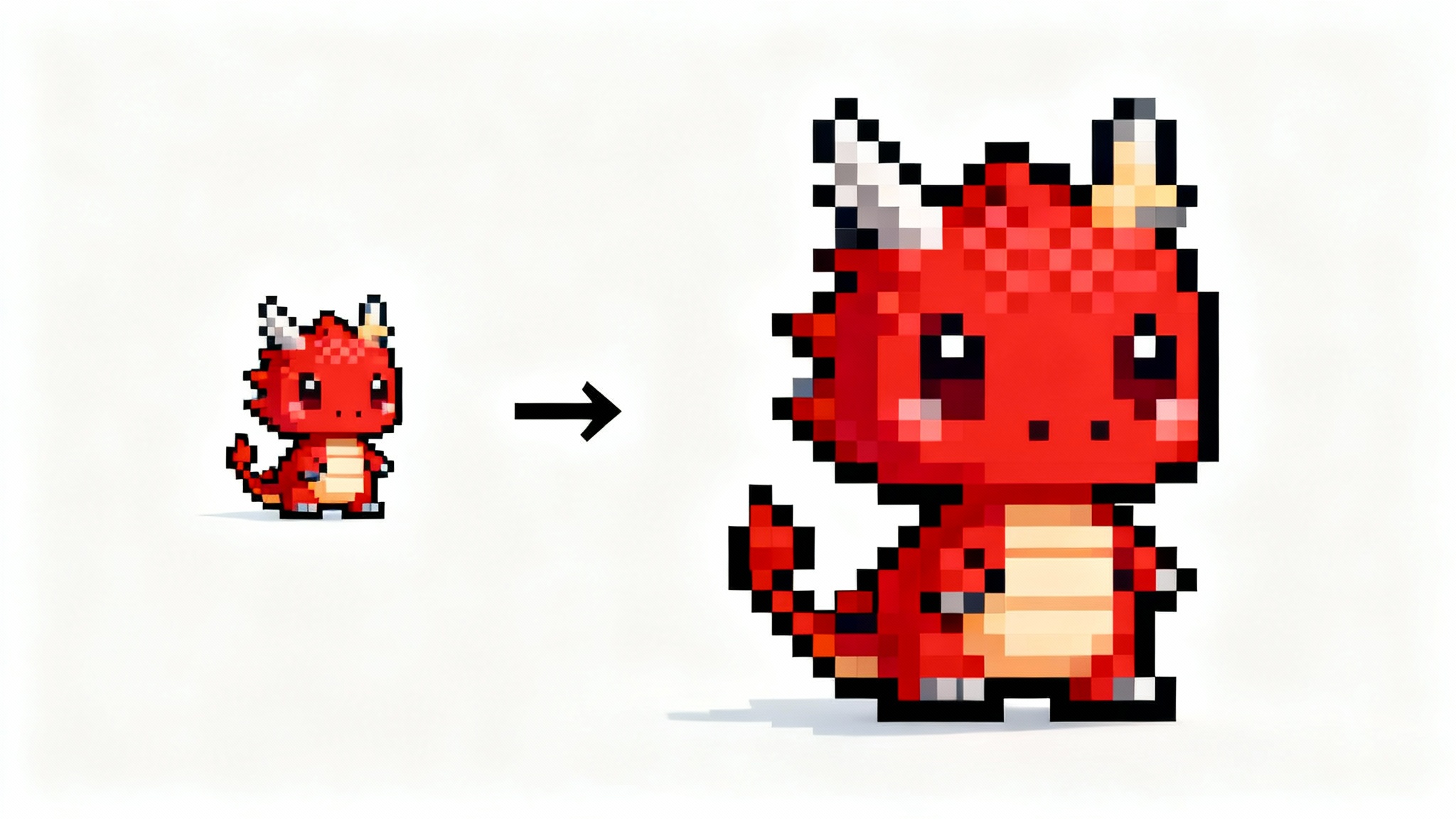 An illustration showing a small pixel art dragon on the left and a perfectly upscaled, larger version of the same dragon on the right, demonstrating a clear and sharp resize.