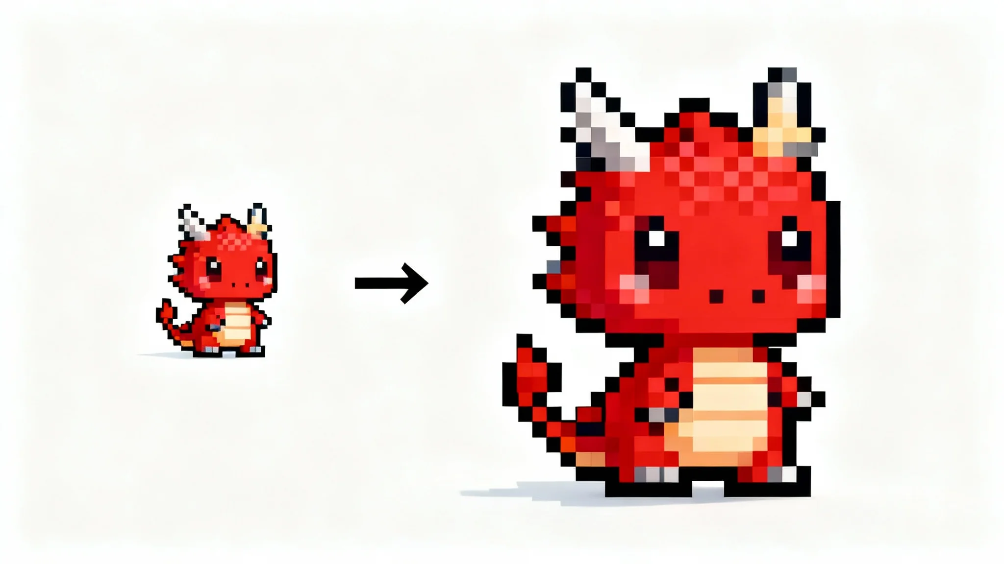 An illustration showing a small pixel art dragon on the left and a perfectly upscaled, larger version of the same dragon on the right, demonstrating a clear and sharp resize.