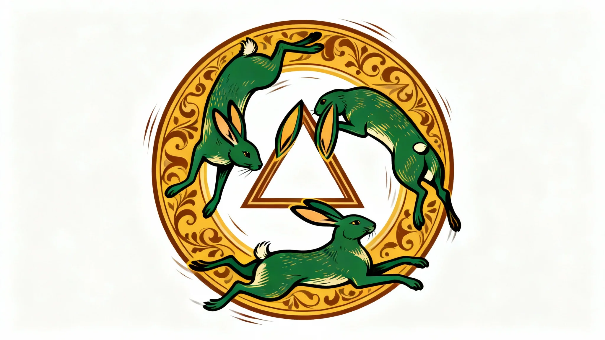 A medieval-style illustration of the three hares symbol, showing three hares chasing each other in a circle and sharing ears, presented on a clean white background.