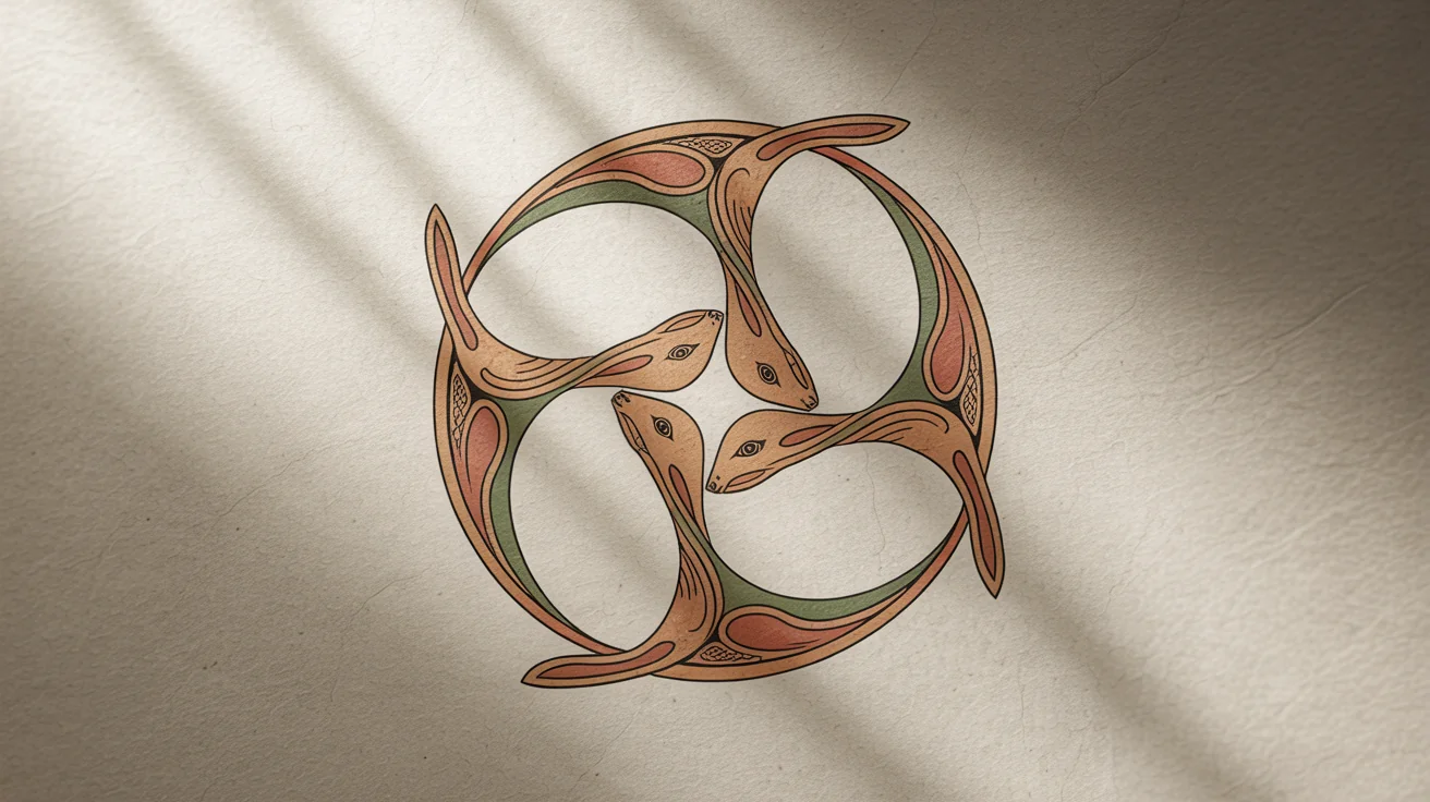 A medieval-style circular design of the 'Three Hares' symbol, featuring three hares chasing each other and sharing ears, set against a plain white background.