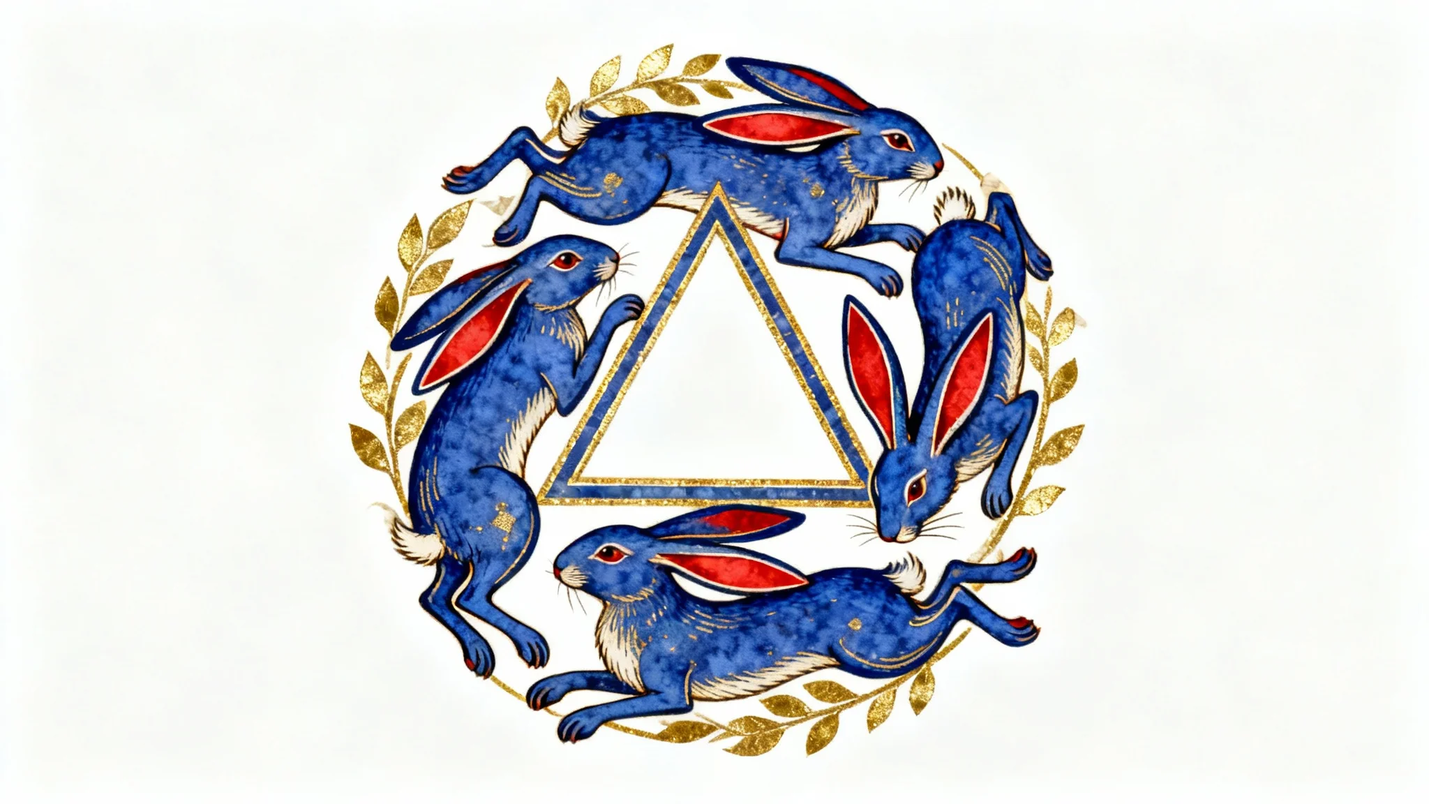 A medieval-style illustration of the Three Hares symbol, featuring three hares chasing each other in a circle with interconnected ears, on a white background.
