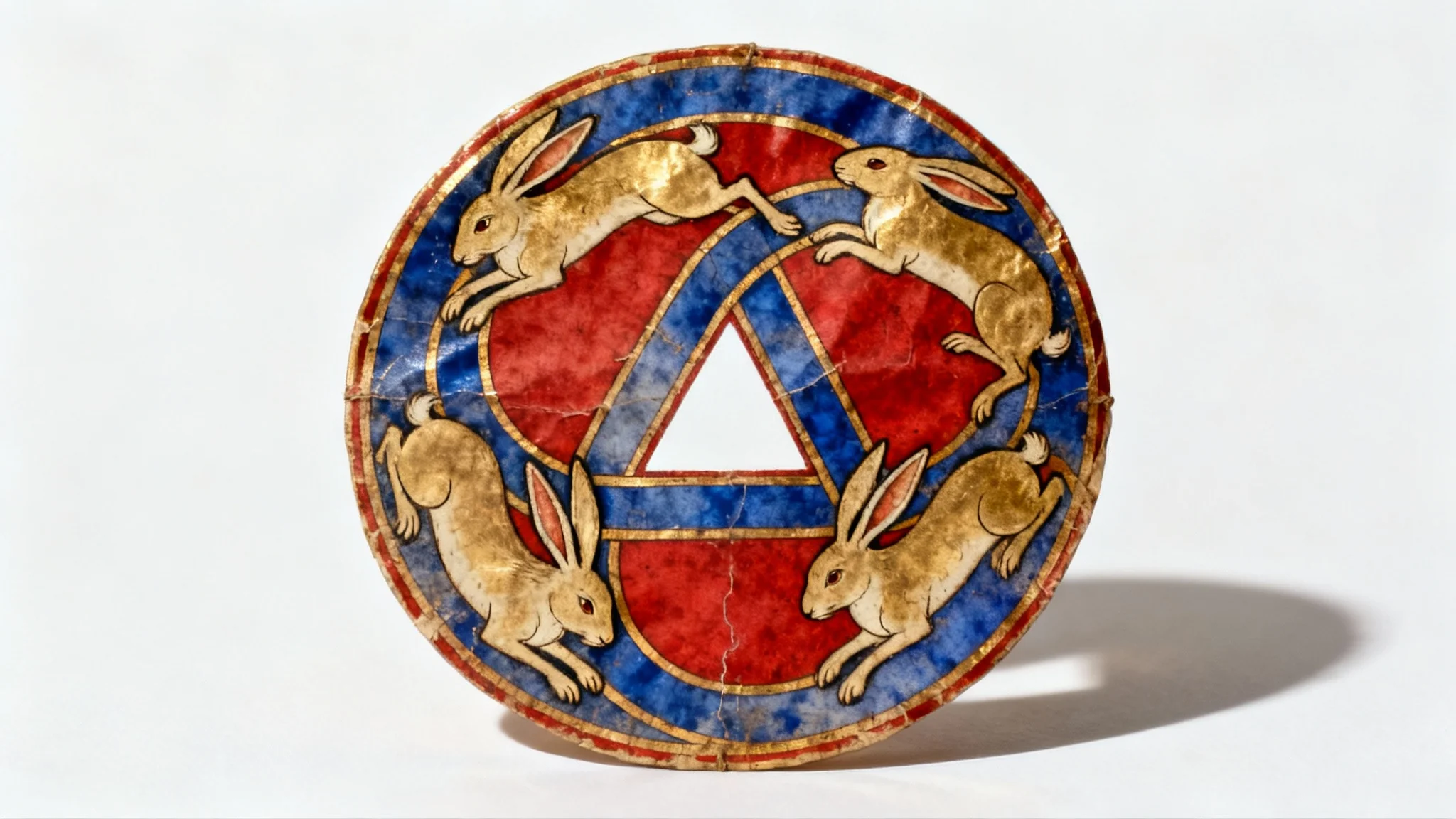 A medieval artifact depicting the Three Hares symbol, with three hares running in a circle and sharing three ears, illustrated in a rich, illuminated manuscript style on aged vellum, set against a plain white background.