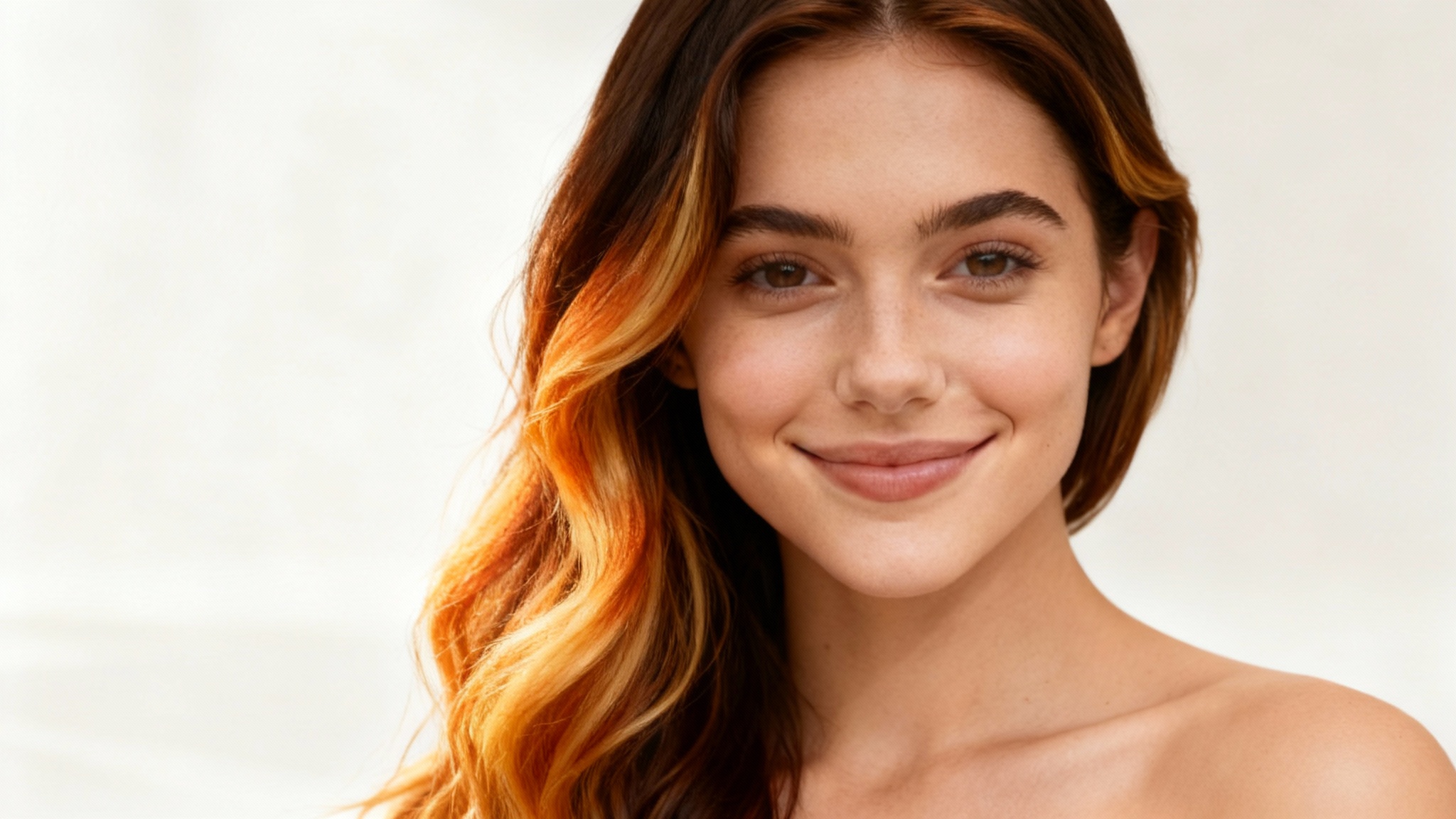 A close-up of a woman with long, wavy brown hair showcasing a beautiful caramel and honey balayage, the result of a virtual hair color try-on.