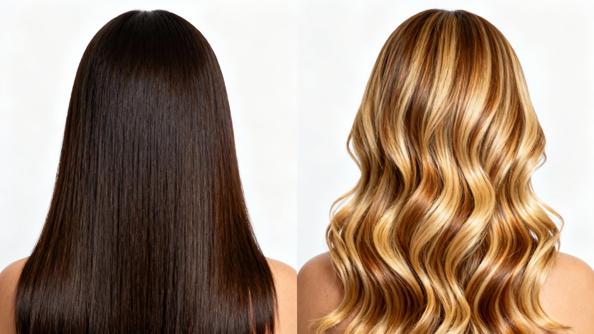 A before-and-after split view of a woman's hair, showing a transformation from solid dark brown to a multi-tonal honey-blonde balayage.