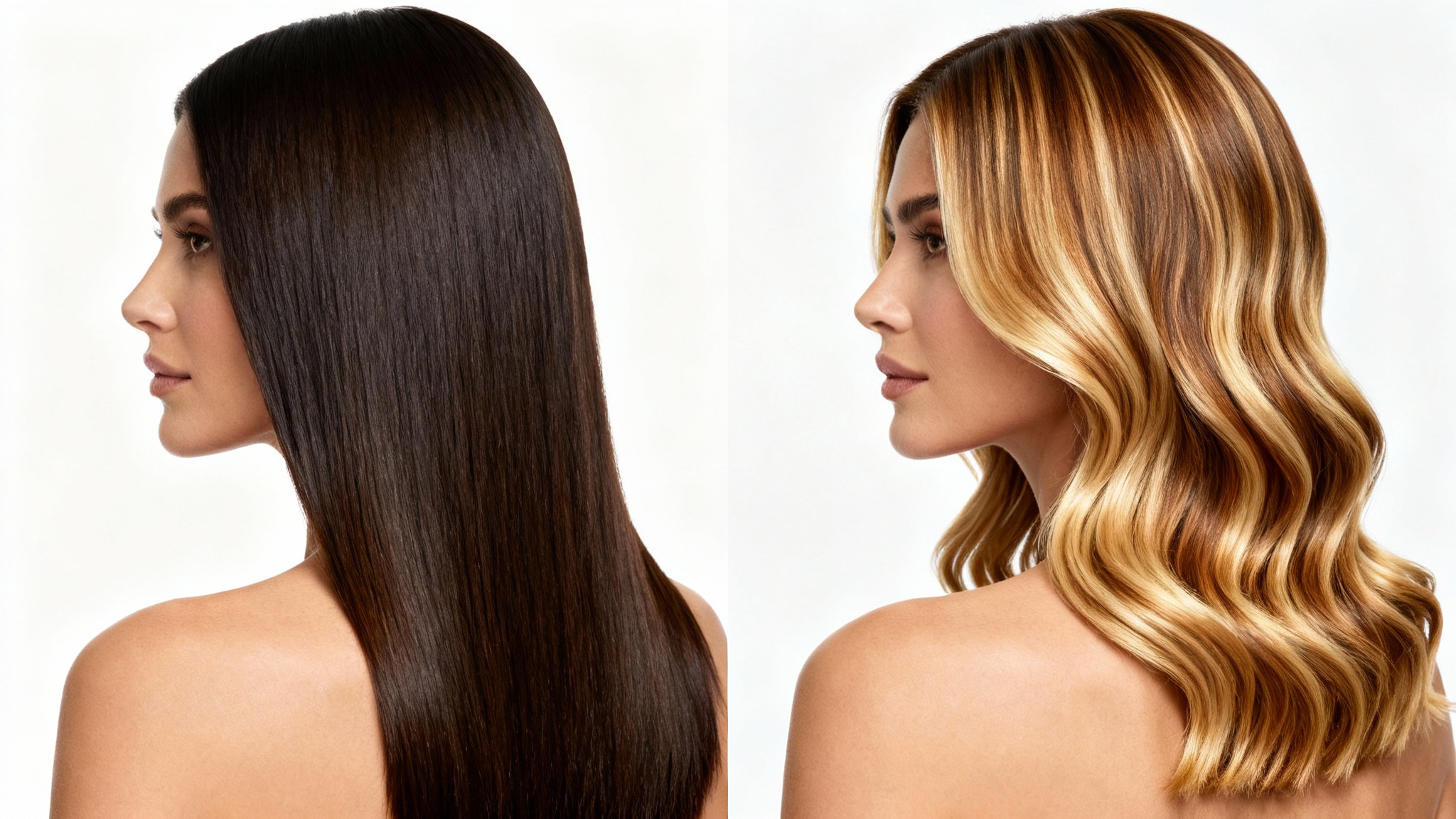 A before-and-after split image showing a woman's hair. The 'before' side shows straight, dark brown hair, and the 'after' side shows the same hair with a wavy, blonde balayage style.