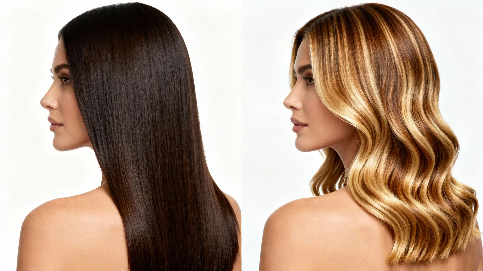 A before-and-after split image showing a woman's hair. The 'before' side shows straight, dark brown hair, and the 'after' side shows the same hair with a wavy, blonde balayage style.