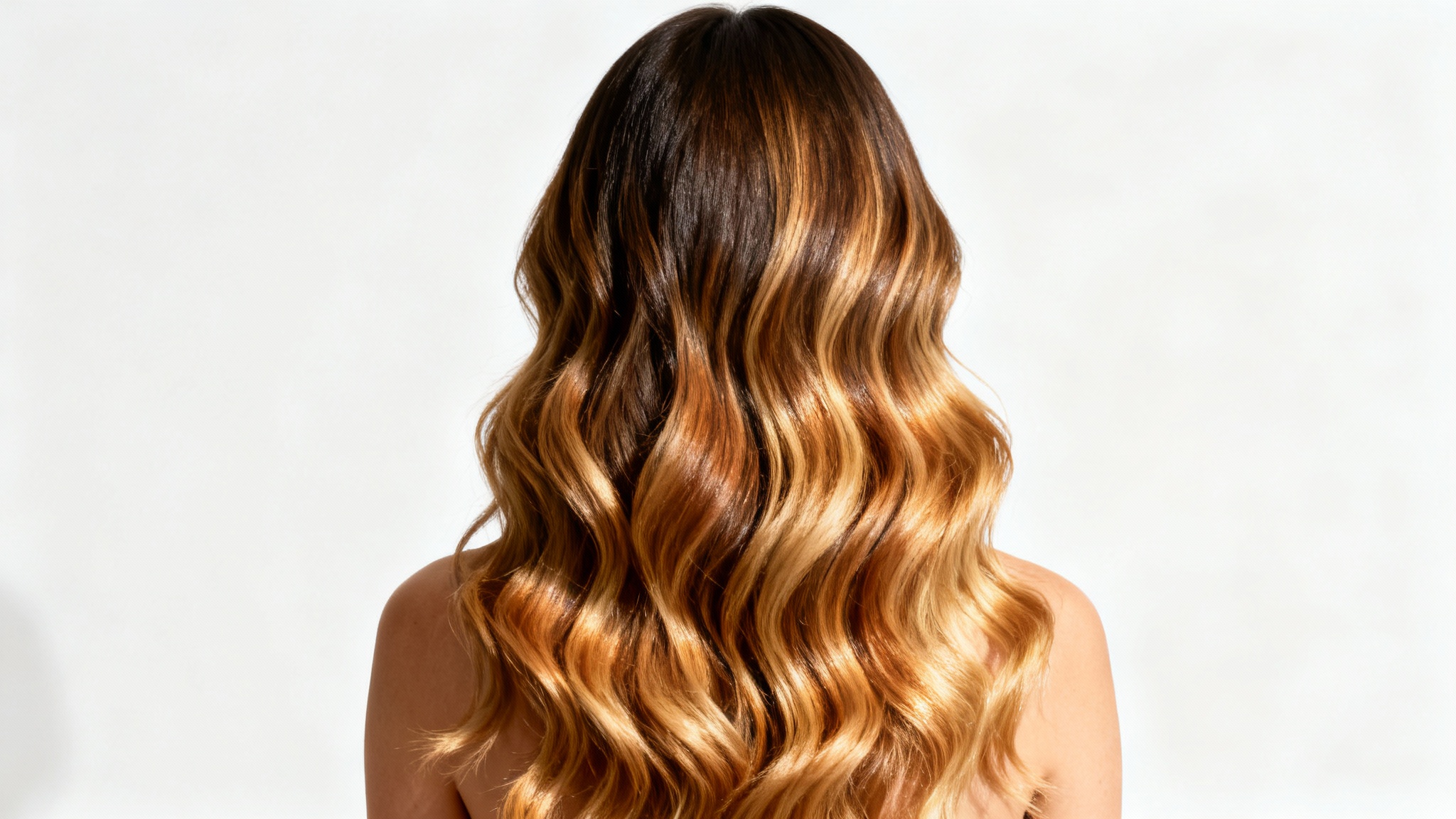 A close-up rear view of a woman's long, wavy hair with a beautifully executed balayage, showing a smooth color transition from dark brown to caramel blonde against a plain white background.