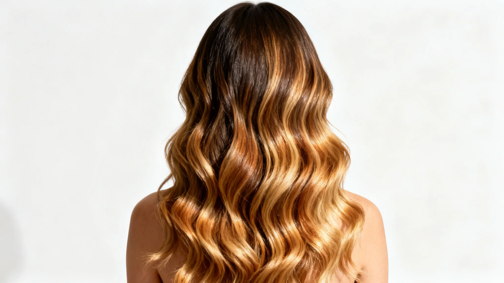 A close-up rear view of a woman's long, wavy hair with a beautifully executed balayage, showing a smooth color transition from dark brown to caramel blonde against a plain white background.