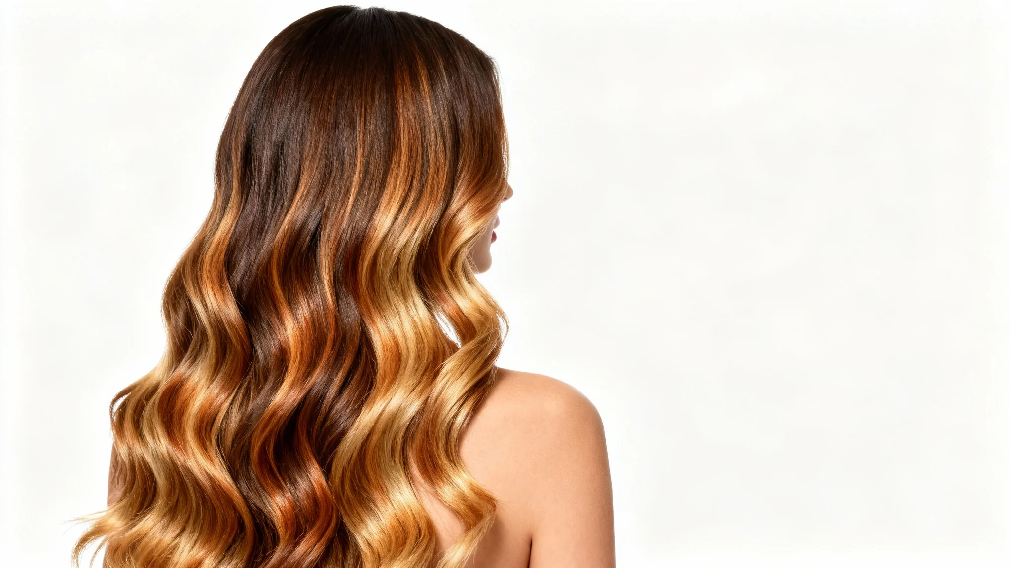 A woman with long, wavy hair showcasing a beautiful brown-to-blonde balayage, viewed from the back against a solid white background.