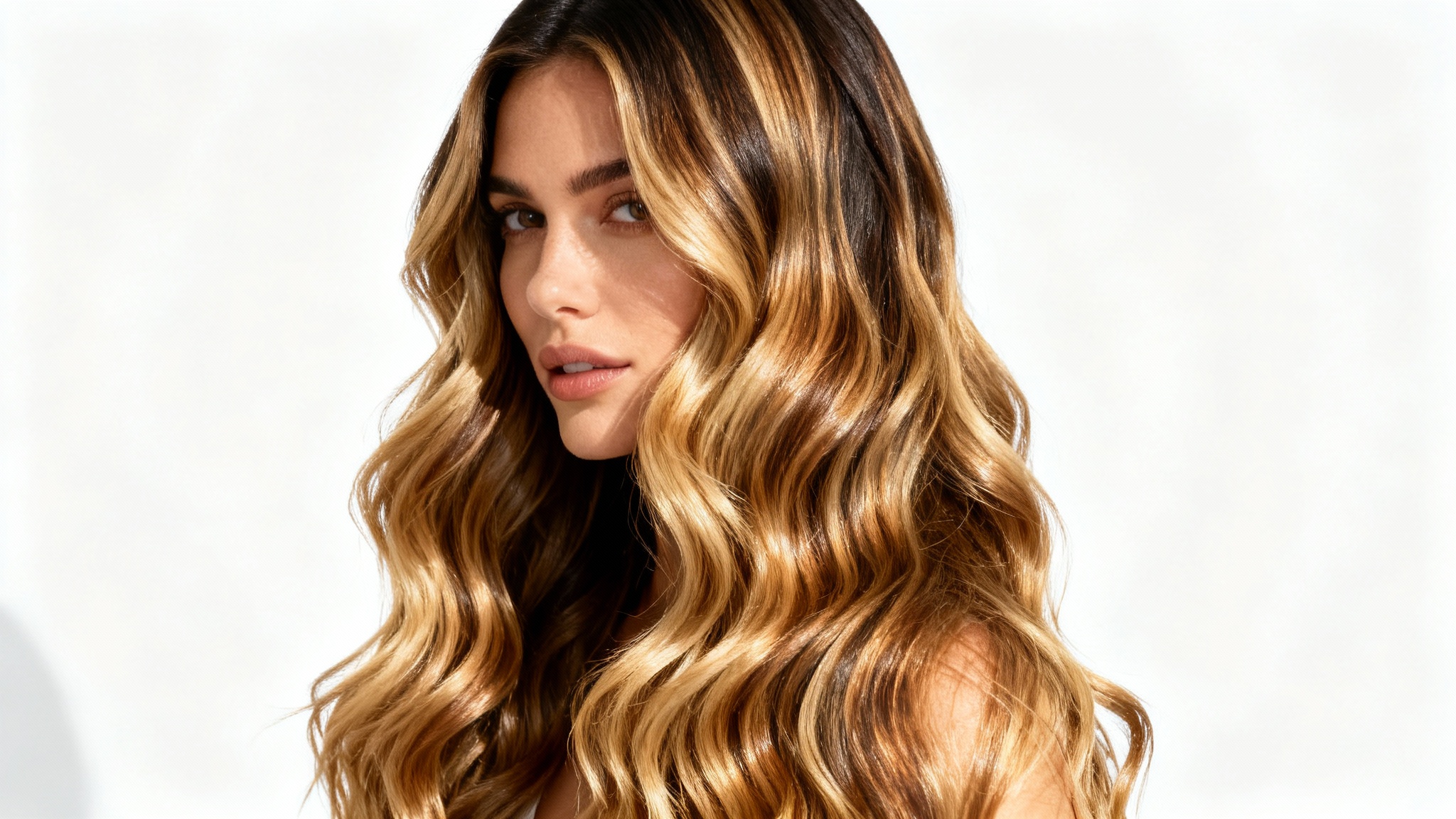 A close-up photograph from the back of a woman's long, wavy hair showcasing a beautiful brunette-to-blonde balayage against a solid white background.