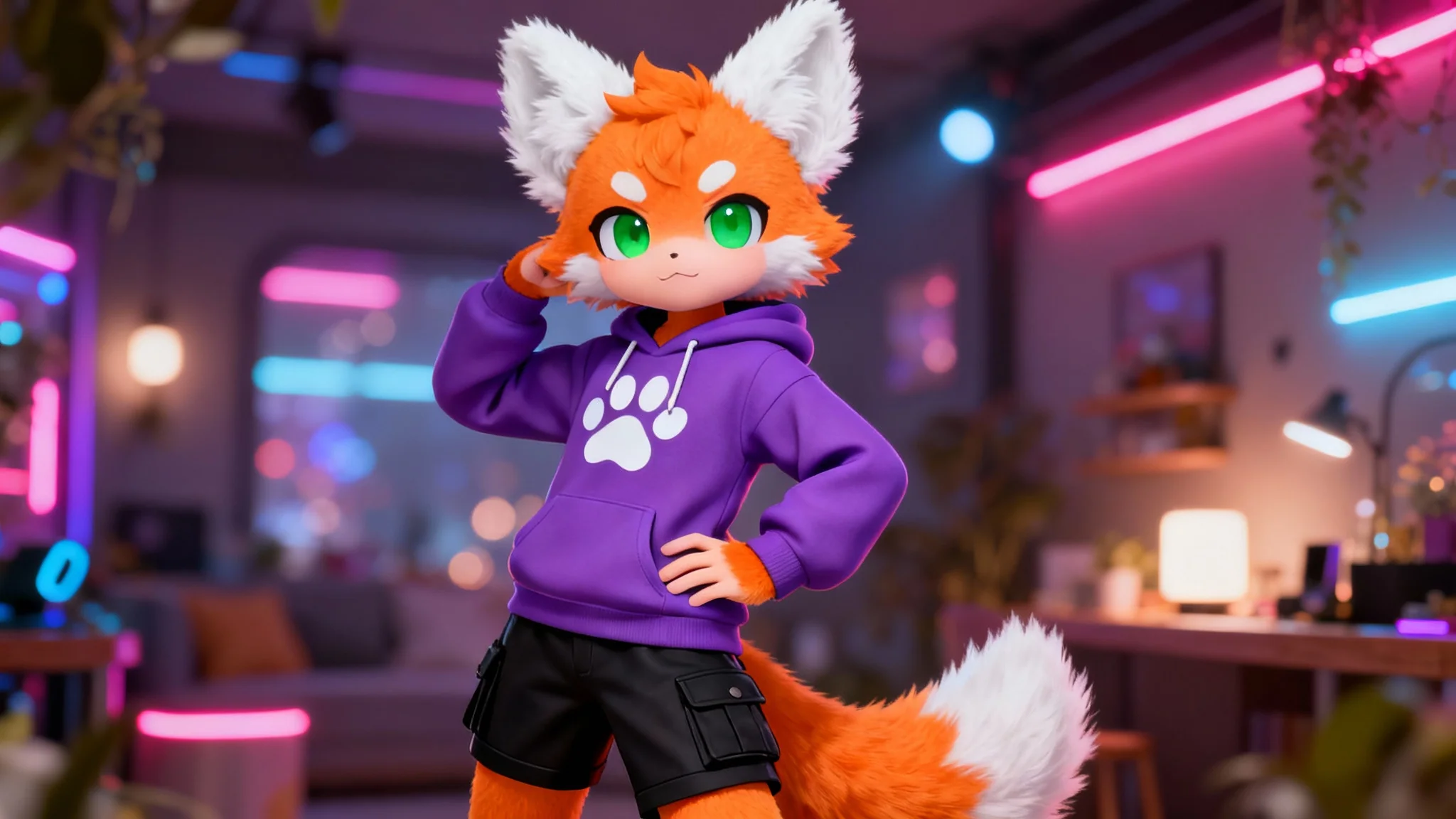 A high-quality 3D render of a finished VRChat furry avatar. The orange fox character, wearing a purple hoodie, stands in a neon-lit virtual room, showcasing a polished, game-ready model with detailed fur and clothing.