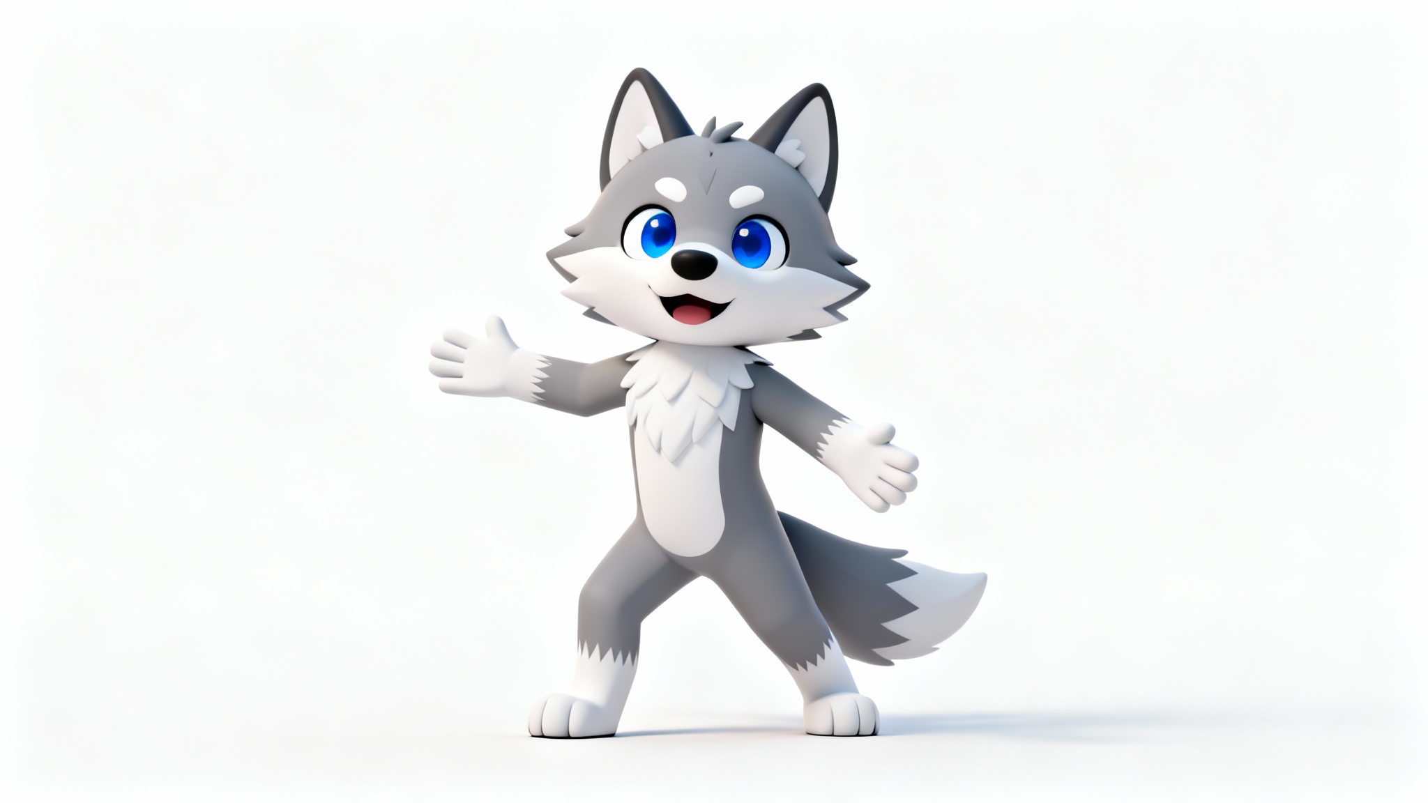 A full-body 3D model of a cute anthropomorphic wolf furry avatar, designed for VRChat, standing against a clean white background.
