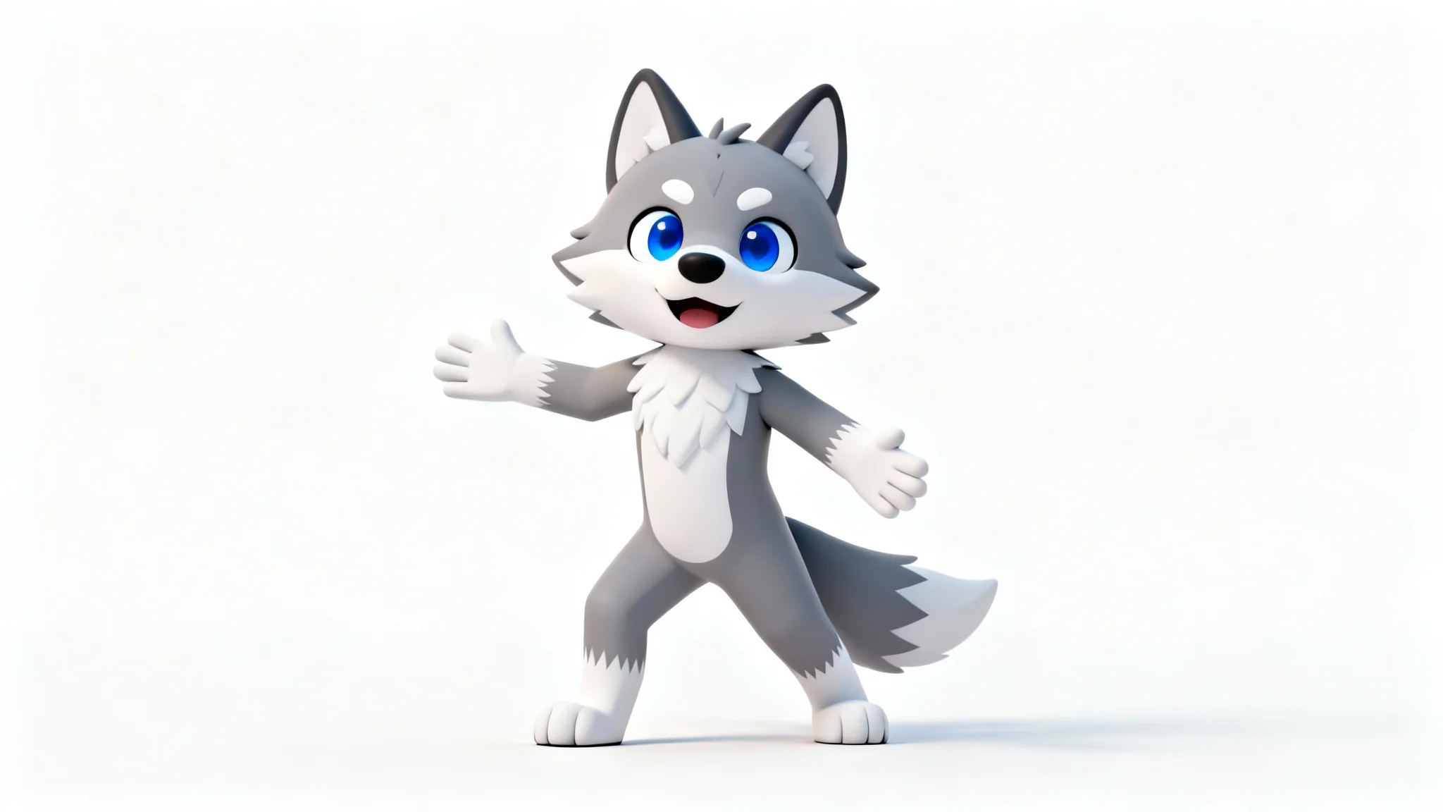 A full-body 3D model of a cute anthropomorphic wolf furry avatar, designed for VRChat, standing against a clean white background.
