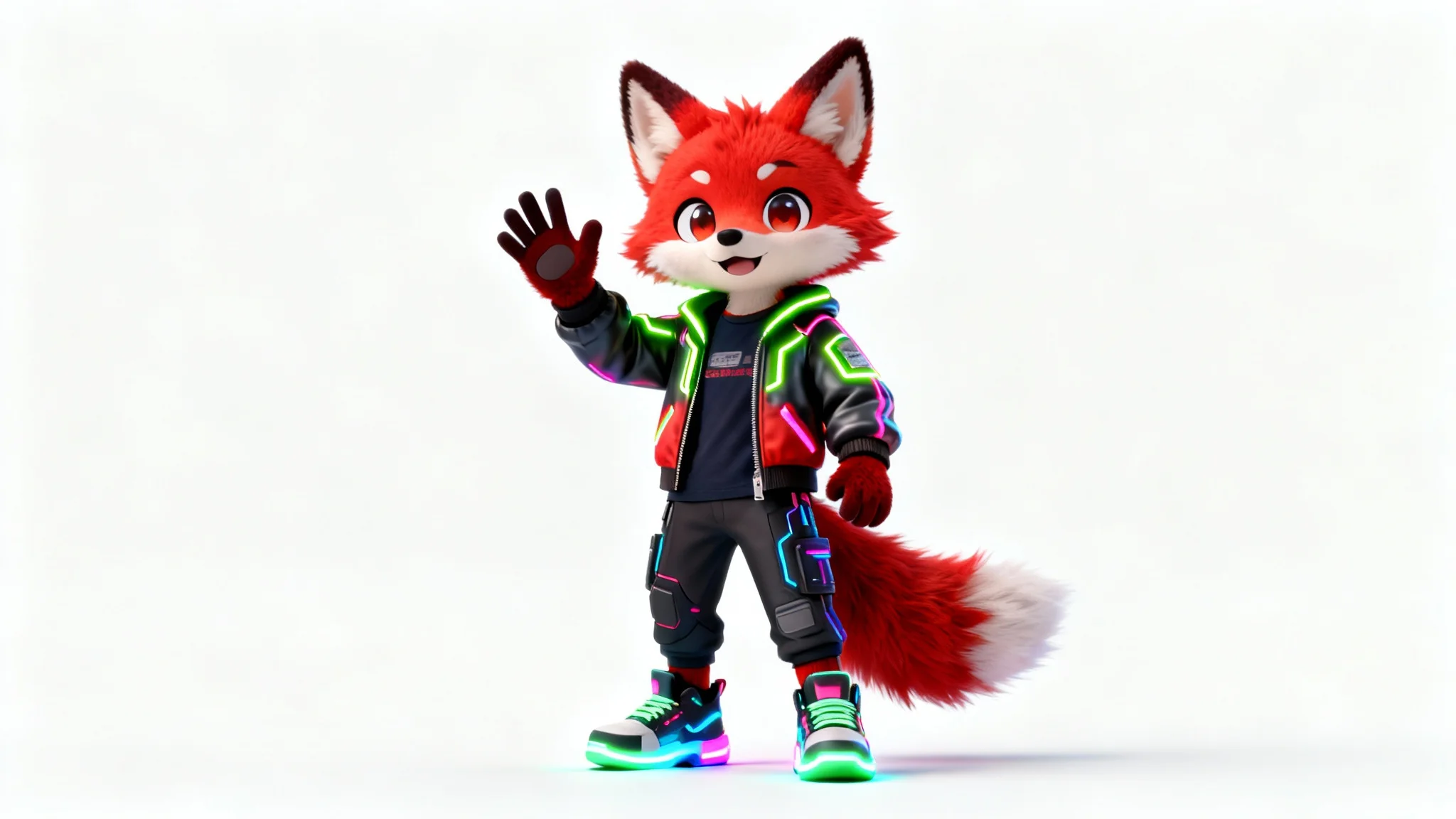 A high-quality 3D render of a red fox furry avatar for VRChat, wearing a futuristic jacket and posing cheerfully against a clean white background.