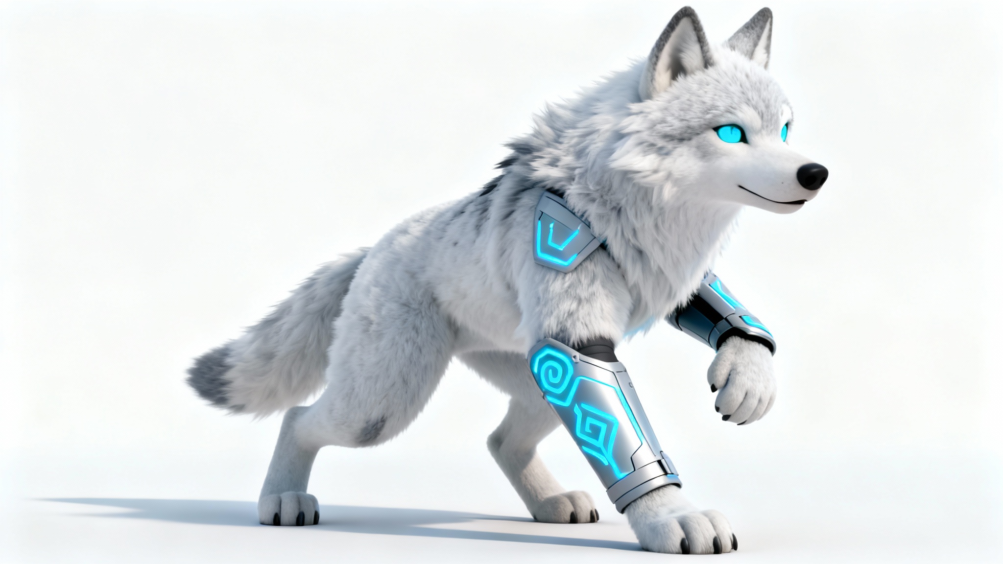 A high-quality 3D render of a full-body custom VRChat furry avatar, an arctic wolf with glowing blue eyes, posed against a clean white background.
