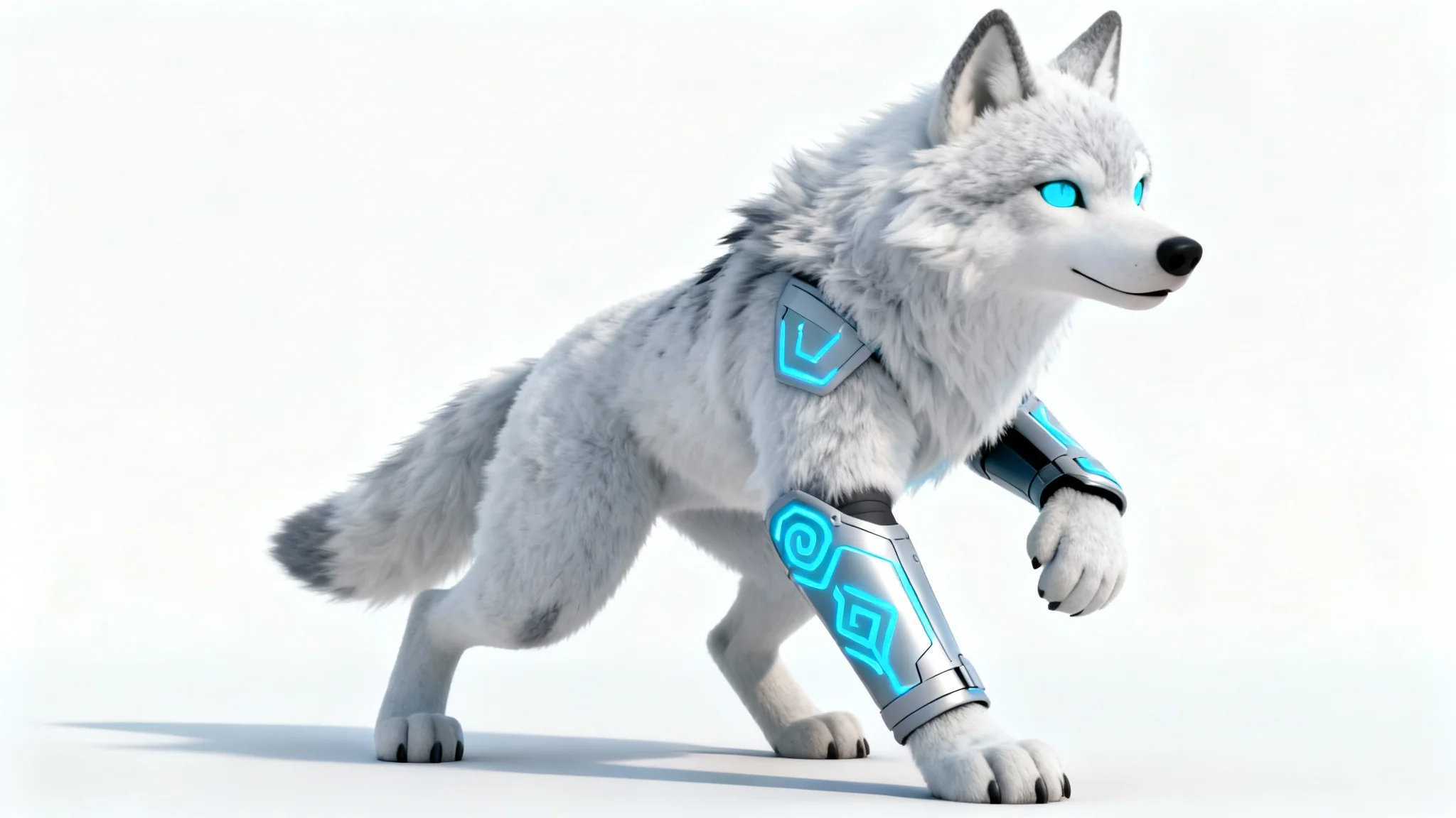 A high-quality 3D render of a full-body custom VRChat furry avatar, an arctic wolf with glowing blue eyes, posed against a clean white background.