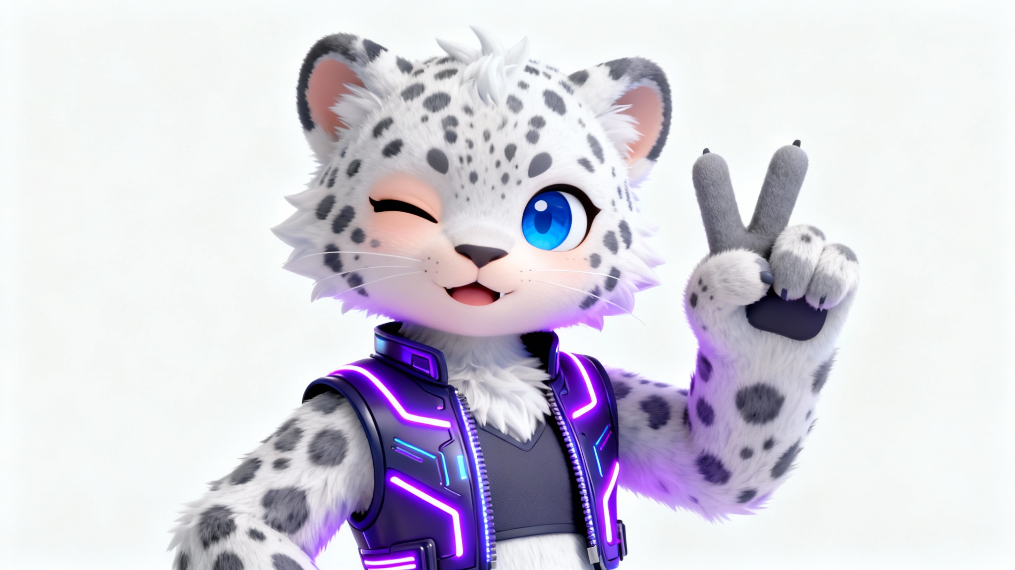 A high-quality 3D render of a stylized anthropomorphic snow leopard avatar for VRChat. The character is wearing a futuristic vest and giving a peace sign, showcased against a clean white background.