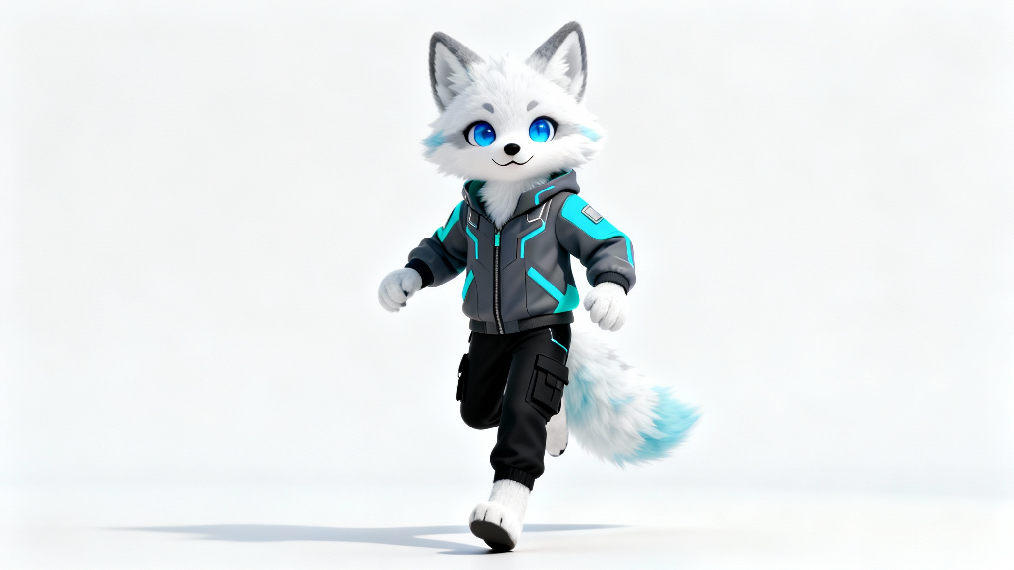 A high-quality 3D render of a custom VRChat furry avatar, depicting a stylish anthropomorphic arctic fox in futuristic clothing against a plain white background.