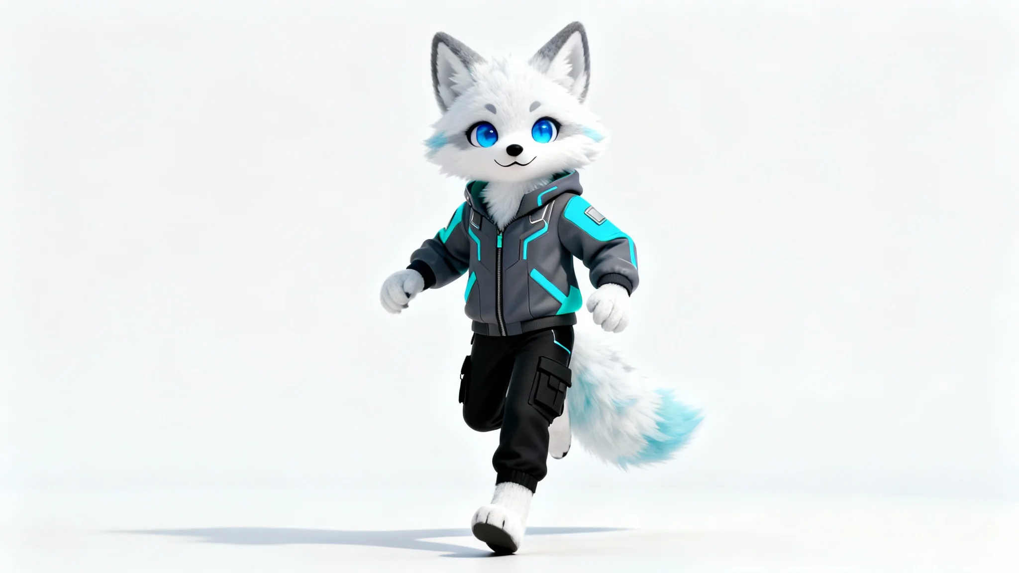 A high-quality 3D render of a custom VRChat furry avatar, depicting a stylish anthropomorphic arctic fox in futuristic clothing against a plain white background.