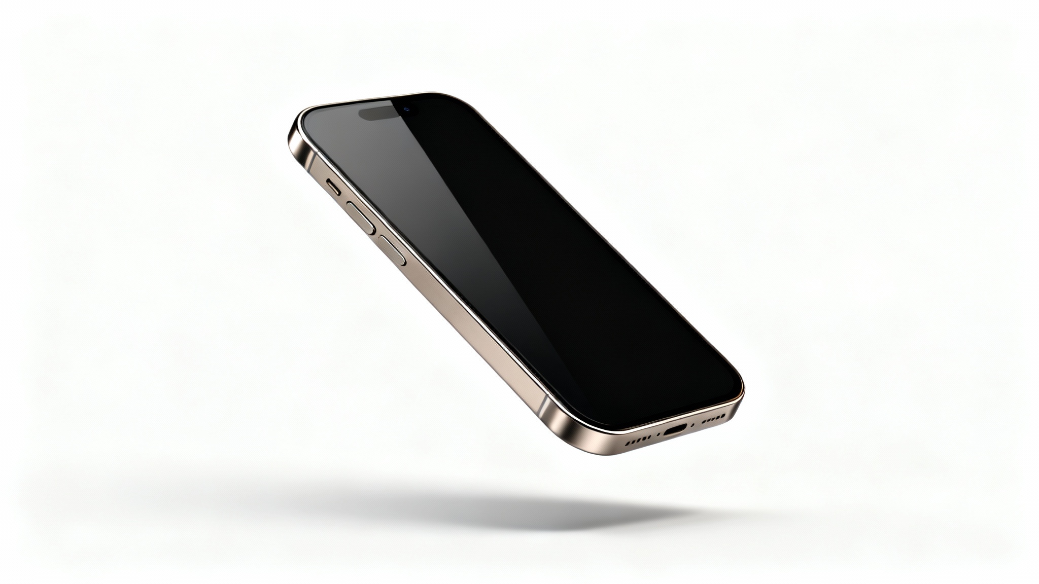 A photorealistic mockup of a modern titanium smartphone floating dynamically against a stark white background, suggesting animation.