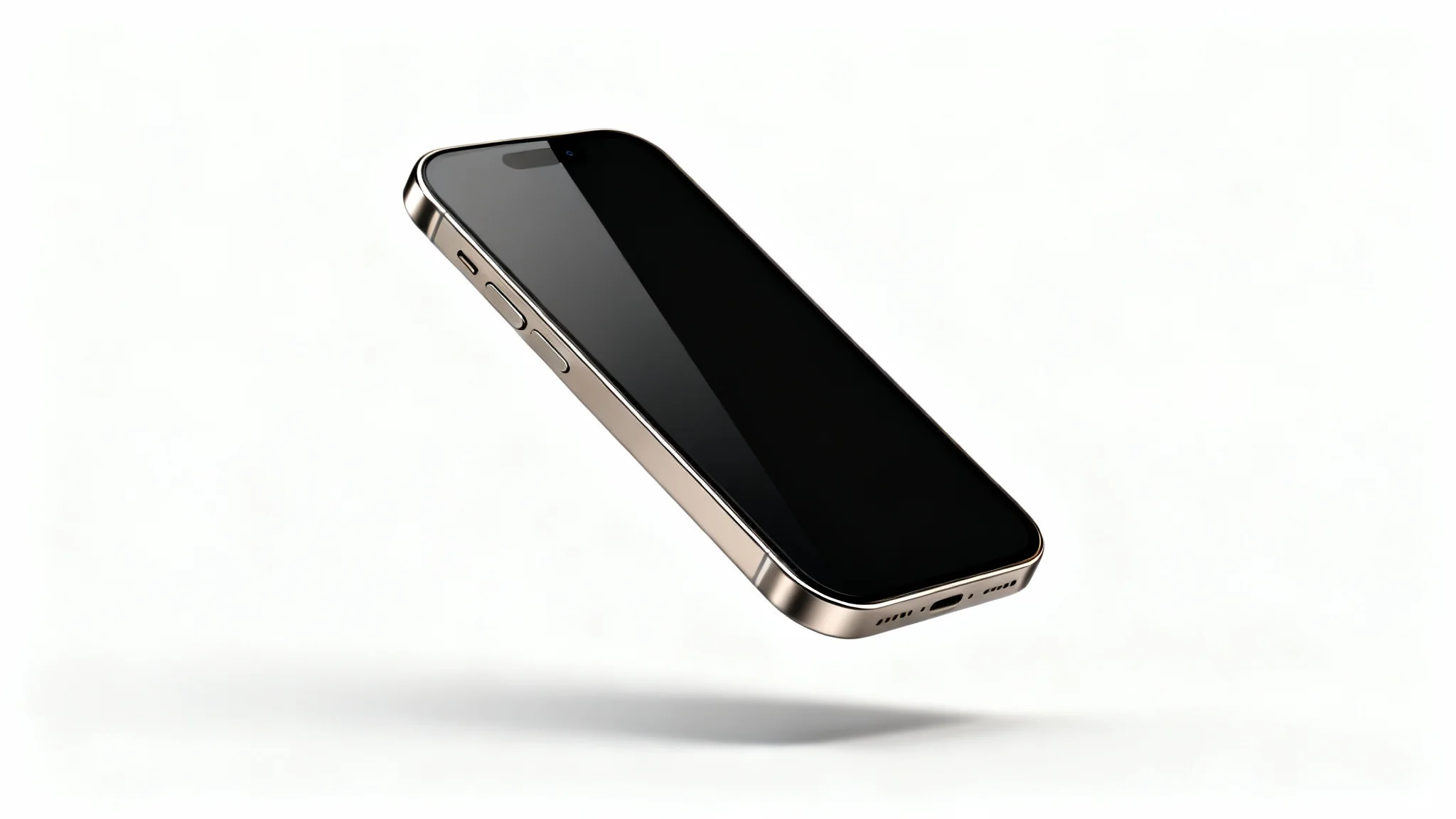A photorealistic mockup of a modern titanium smartphone floating dynamically against a stark white background, suggesting animation.