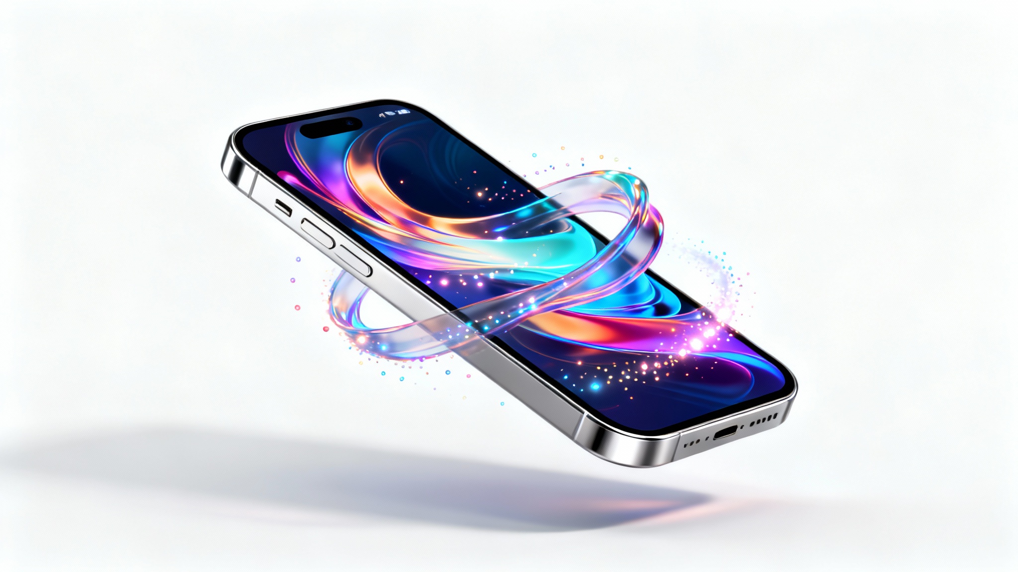 A modern titanium iPhone mockup floating against a clean white background. Colorful, abstract shapes and particles are swirling out from its glowing screen, suggesting animation.